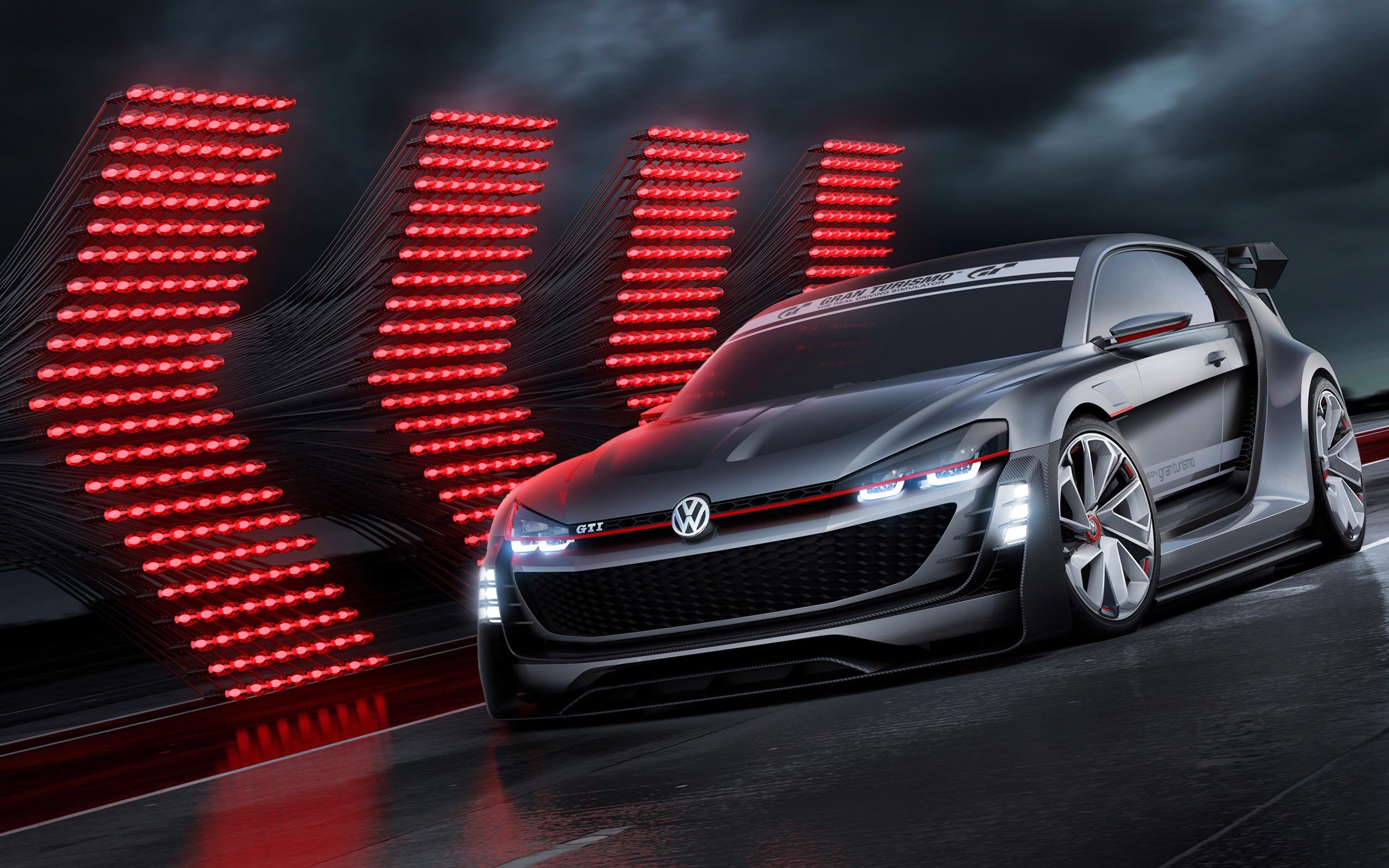 coupe, night, red, transportation, outdoors, land vehicle, Gran Turismo, motor vehicle, sign, lighting equipment, Volkswagen, speed, no people, chrome, HD Wallpaper
