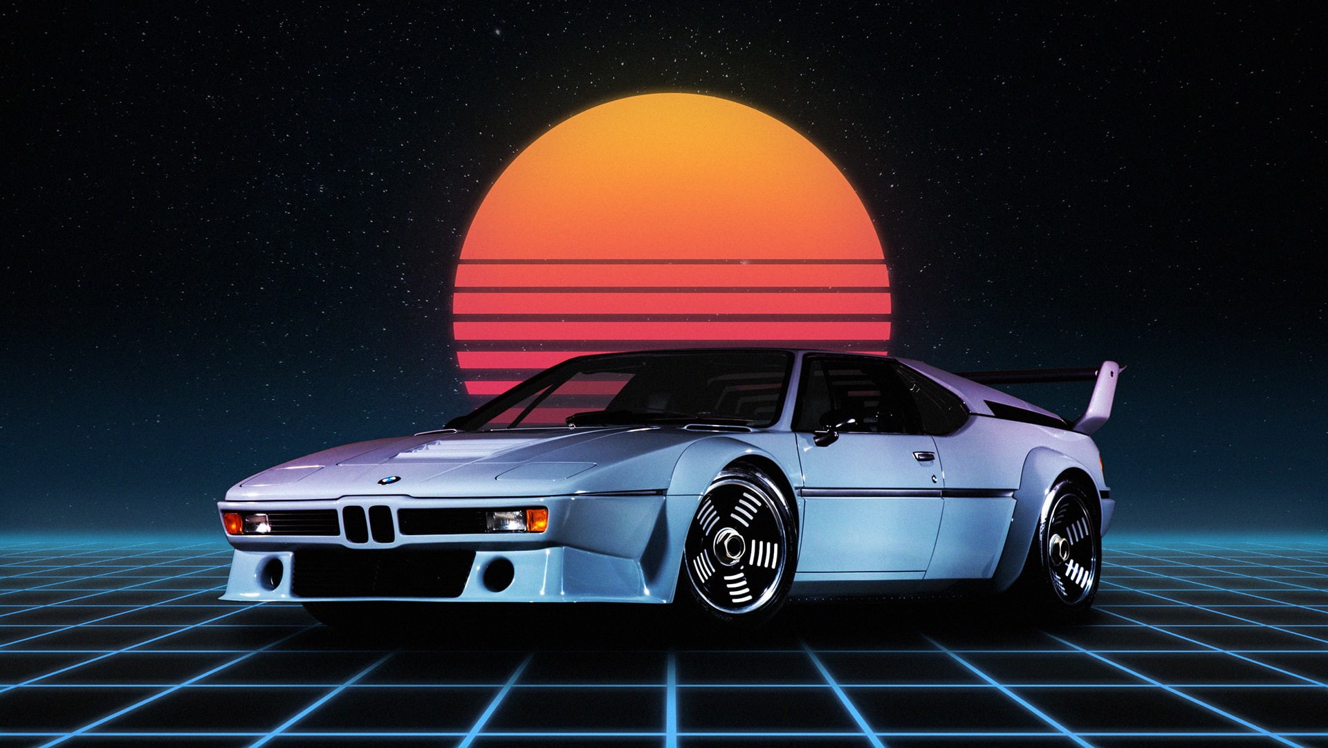 Retro style, German cars, cyberpunk, synthwave, bmw m1, 1080P, HD Wallpaper