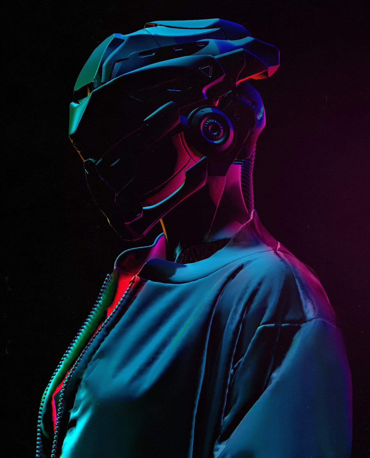 mystery, men, human Head, helmet, women, contemplation, beautiful woman, human body part, adult, Retrowave, 720P, blue, zip, side view, people, synthwave, Phone HD Wallpaper