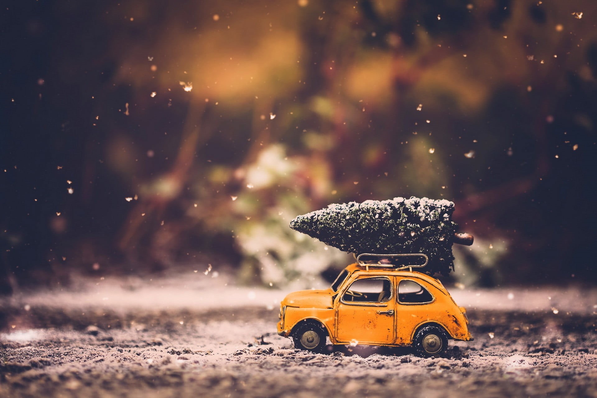 roof, snowing, tree, driving, selective focus, storm, shift, yellow, taxi, land Vehicle, toy, photo, lens, land, blizzard, christmas, season, car, lit, HD Wallpaper
