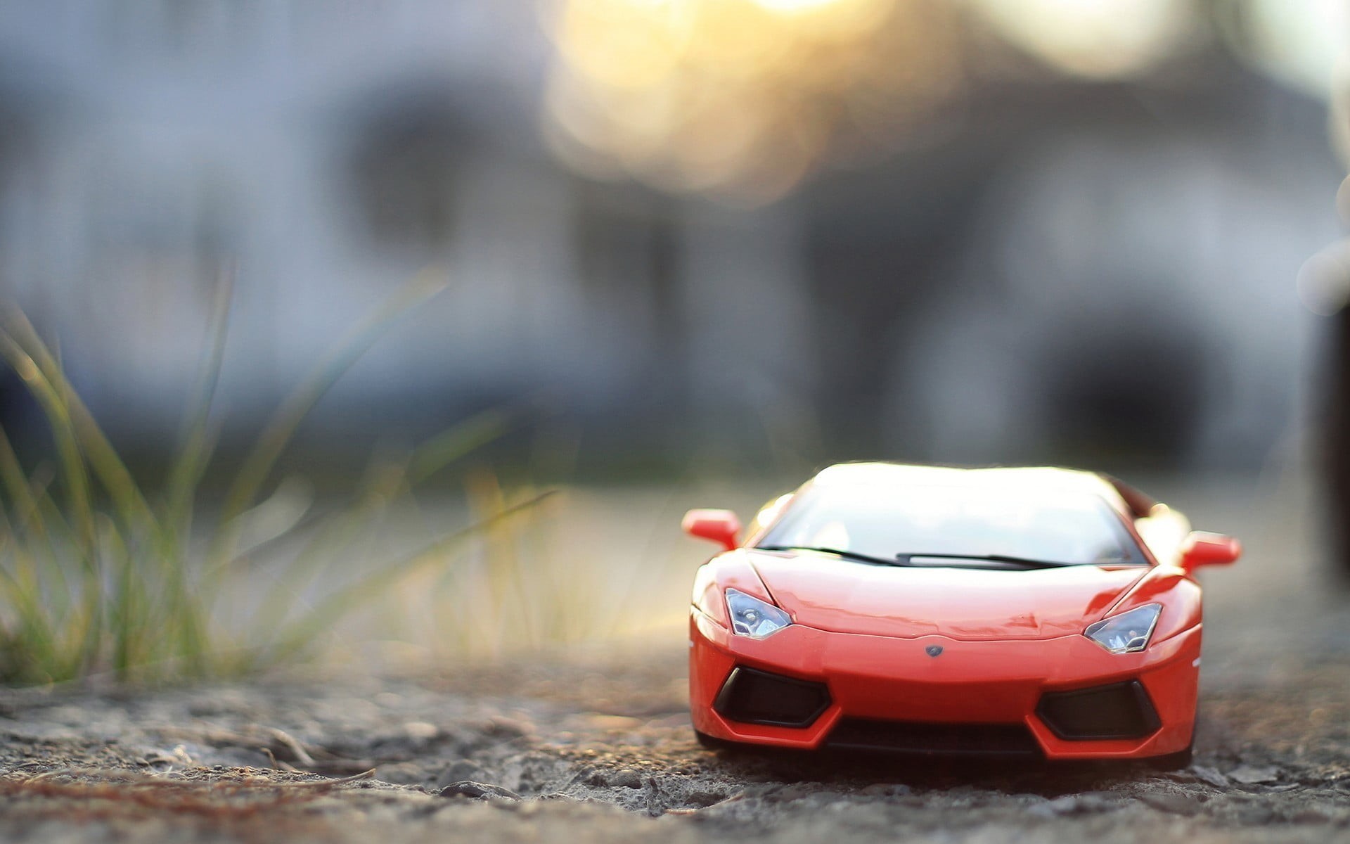transportation, close-up, land vehicle, model, die, red, 1080P, toy, outdoors, macro, sunlight, selective focus, car, Lamborghini, grass, plant, mode of transportation, HD Wallpaper