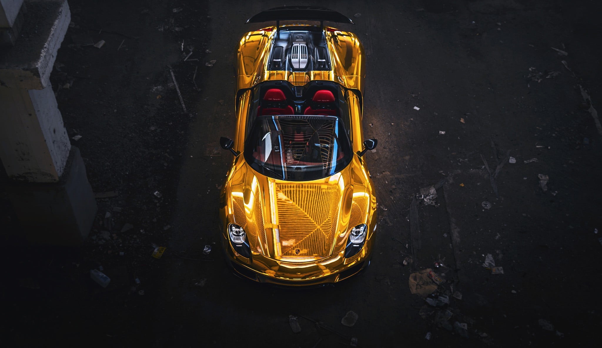 1080P, convertible, Porsche, yellow, sign, vehicle, car, yellow cars, front view, technology, black background, lighting equipment, motor vehicle, gold, HD Wallpaper