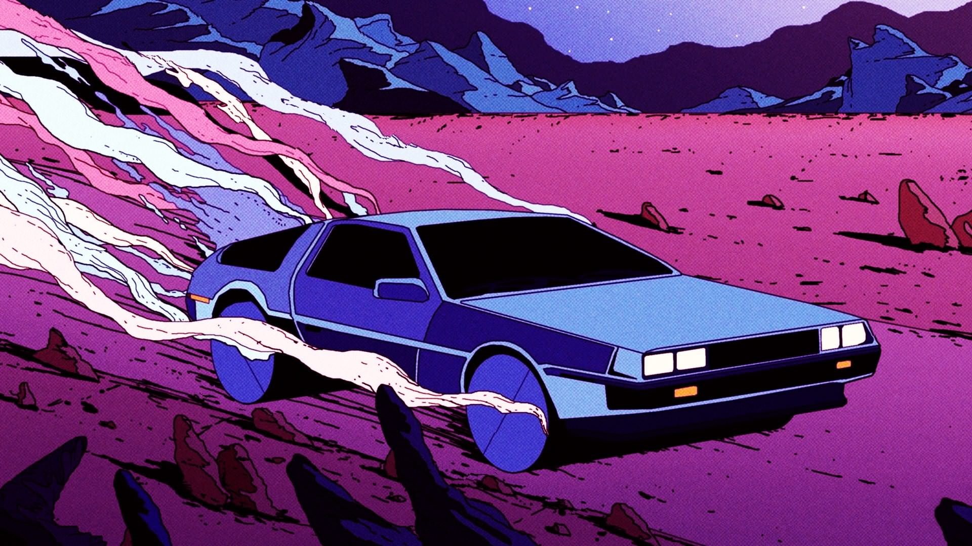 desert, DeLorean, pink, blue, mountains, 1080P, retrowave, car, Back to the Future, Retro style, HD Wallpaper