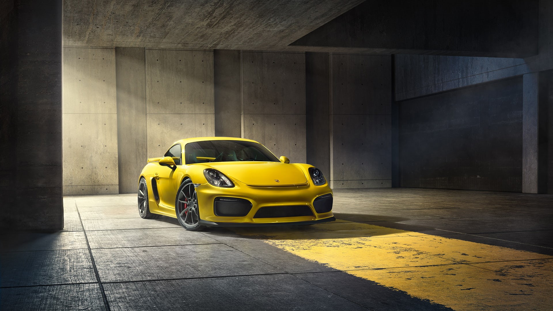 porsche, cayman, porsche cayman gt4, underground, parking, underground parking, car, yellow car, gt, yellow, 1080P, HD Wallpaper