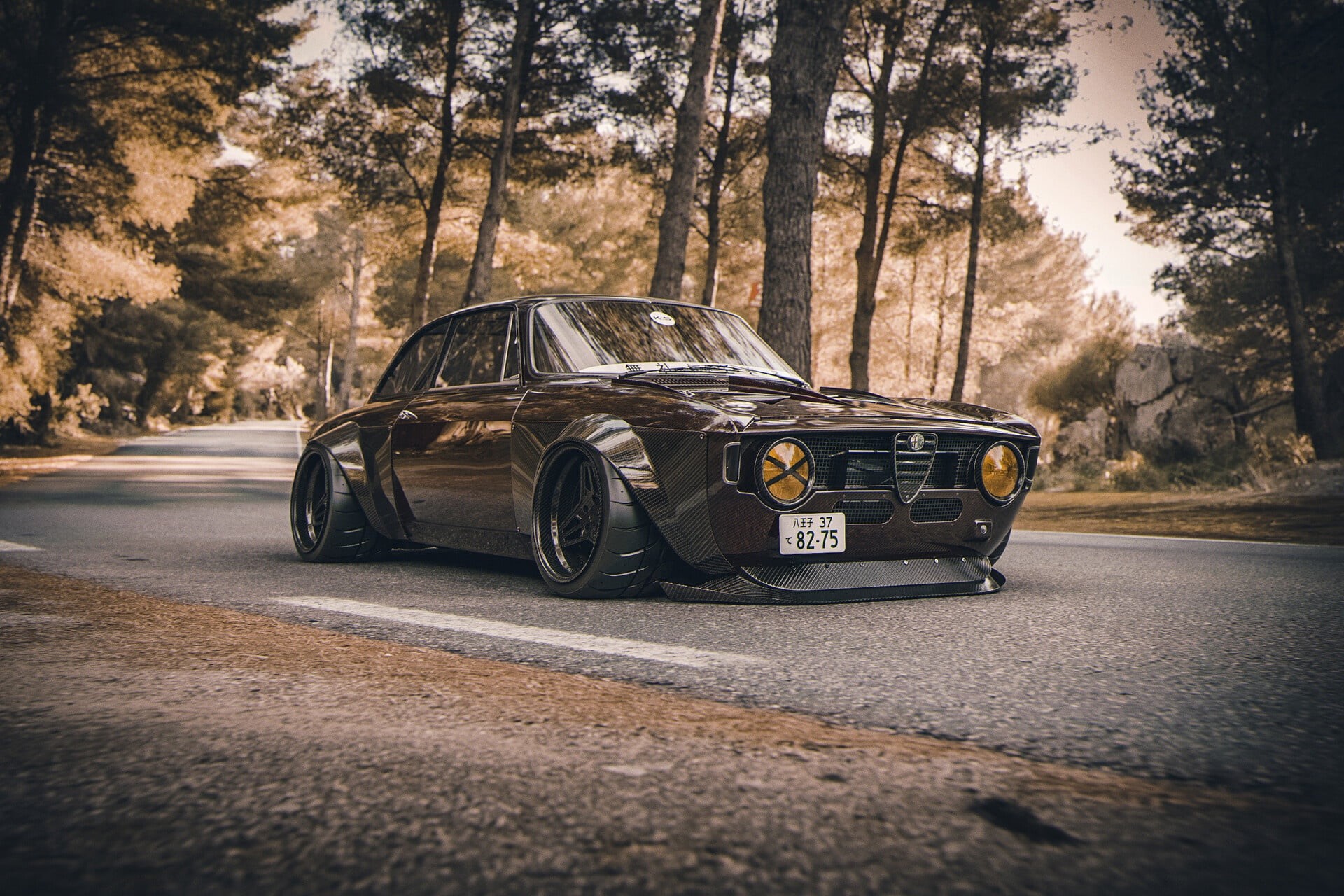 Khyzyl Saleem, road, vehicle, 1080P, render, Alfa Romeo Gulia, Alfa Romeo, 1965 (Year), numbers, trees, V8 Carbon Giulia 488, car, HD Wallpaper