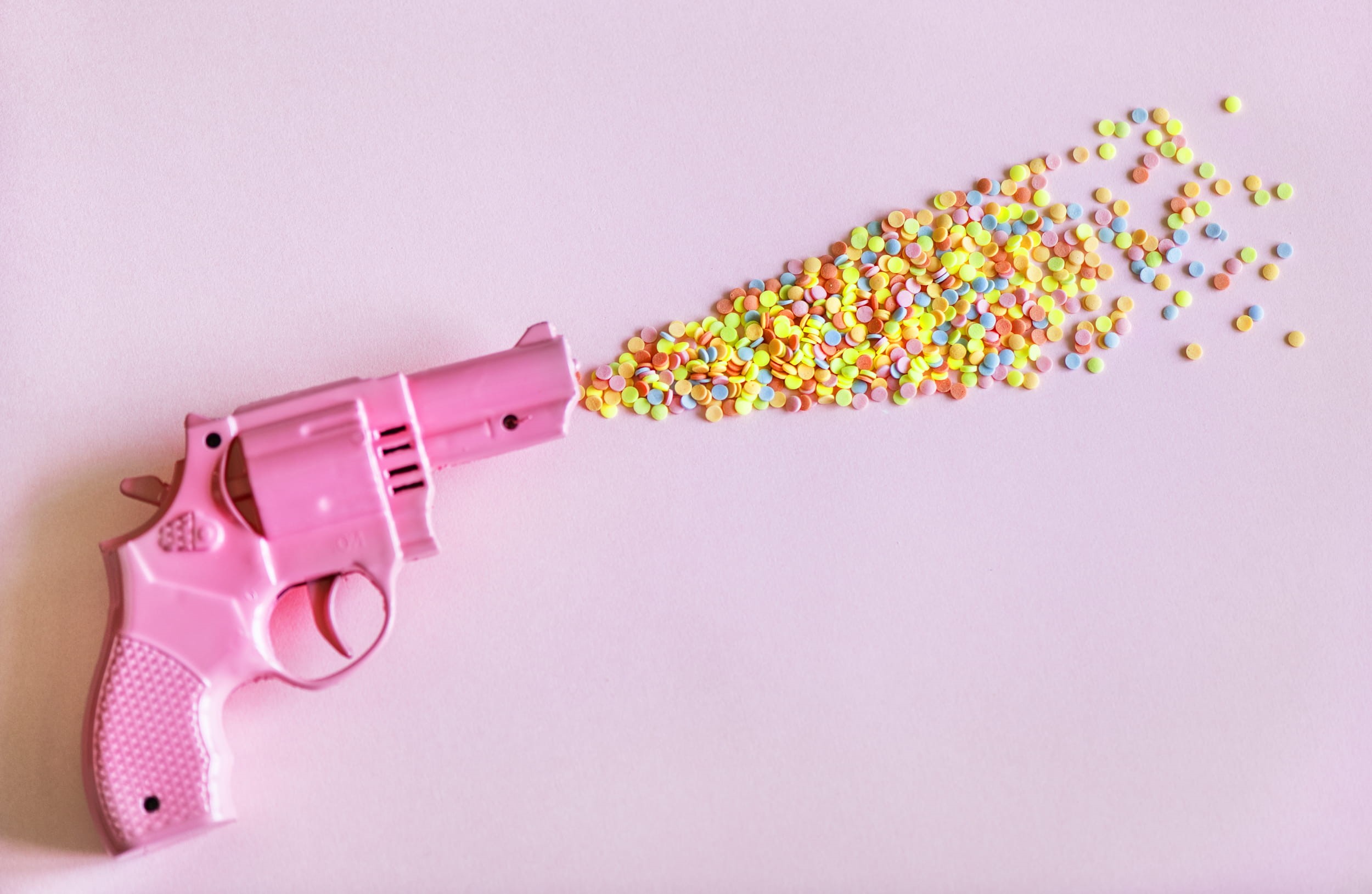 image, colors, sprinkles, multi colored, design, pink, toy, copy space, abundance, pink color, white background, artsy, handgun, shape, 1080P, bright, HD Wallpaper