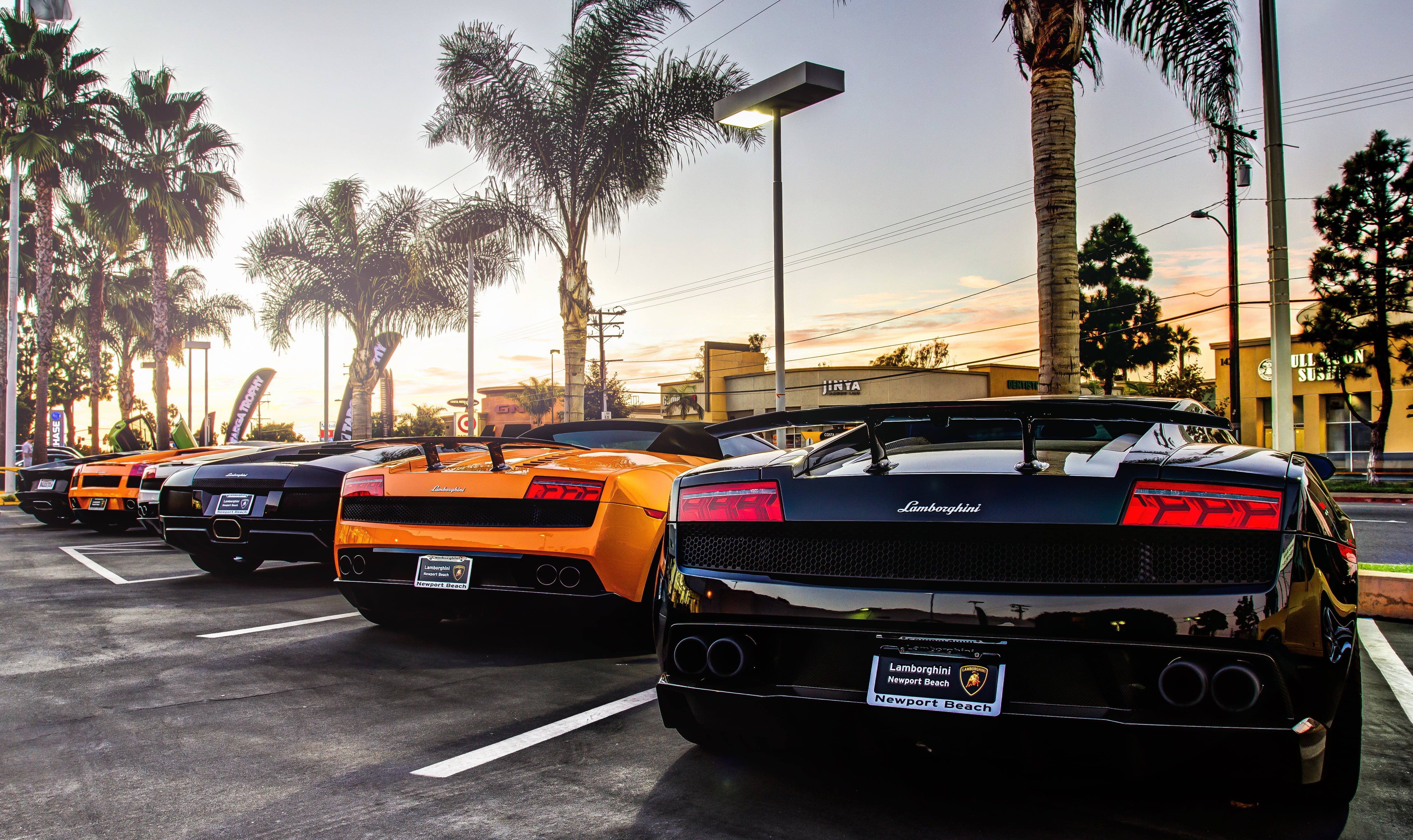 south Beach, architecture, motor vehicle, sky, murcielago, tree, lamborgini, road, land Vehicle, sunset, driving, city Life, nature, 4K, tropical climate, HD Wallpaper