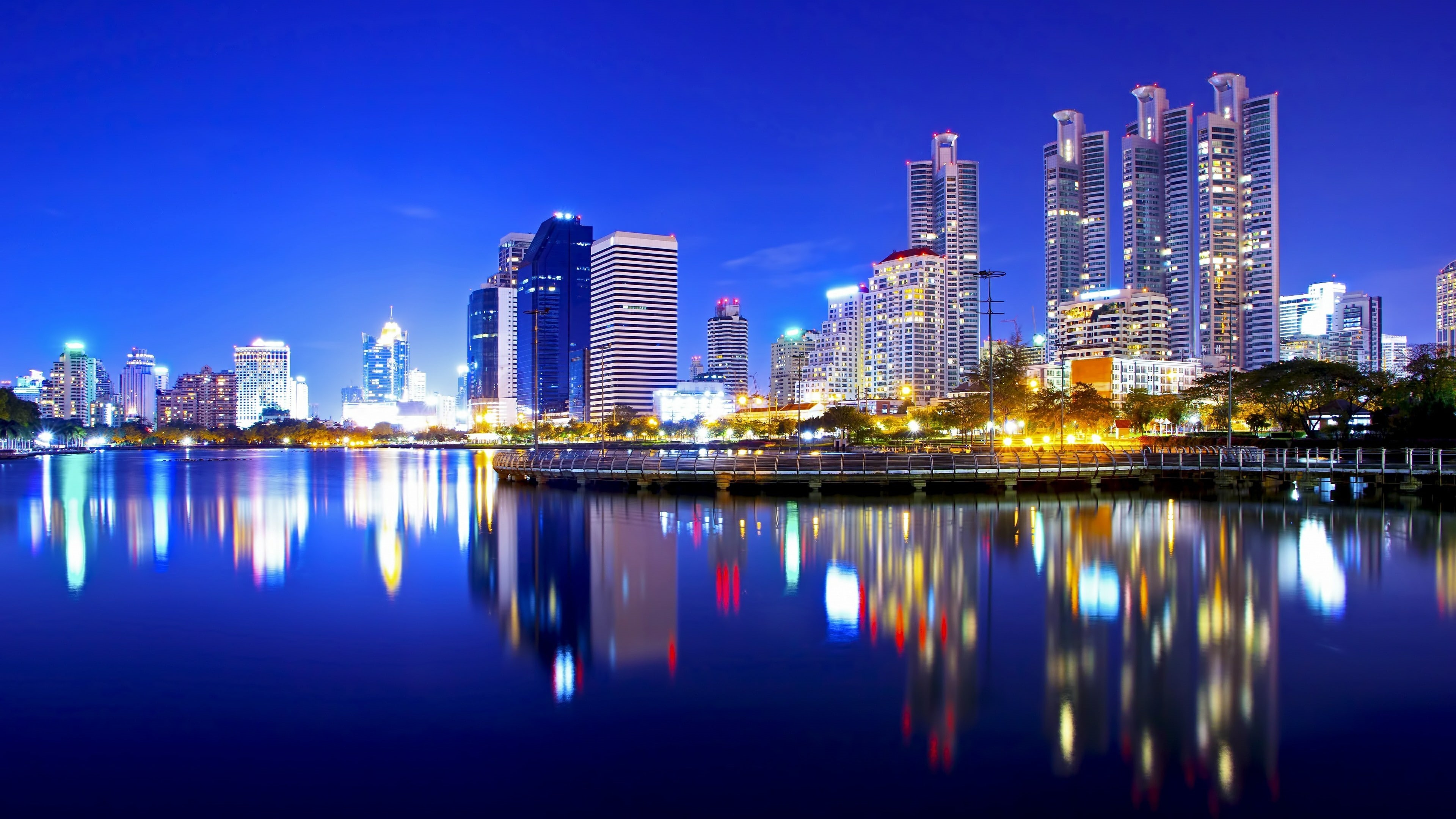 sky, water, cityscape, 4K, metropolis, night, skyline, thailand, tower block, bangkok, blue, skyscraper, reflection, asia, downtown, city lights, HD Wallpaper