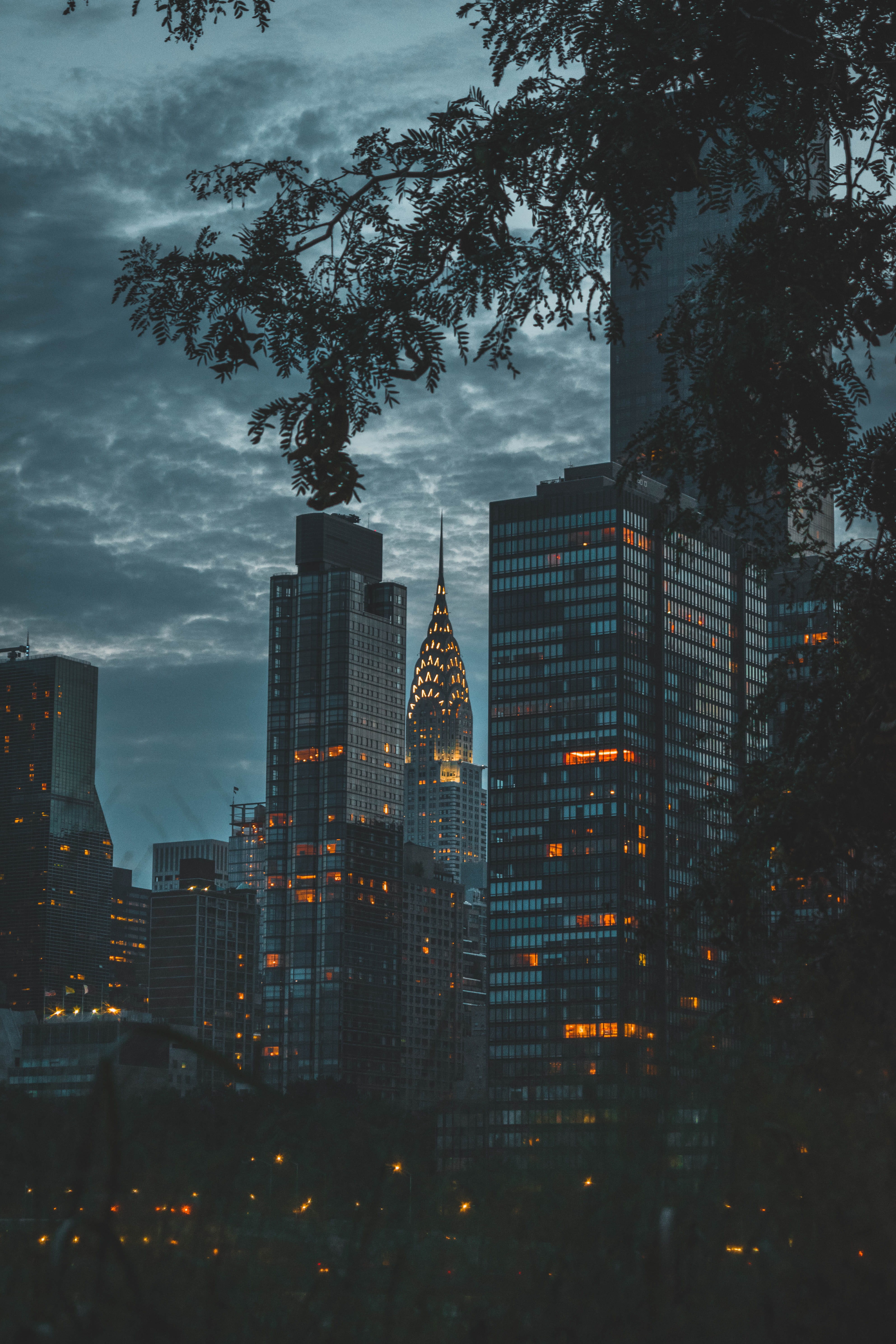 financial district, dark, skyscraper, outdoors, illuminated, spire, sky, chrysler, 5K, night, silhouette, newyork, gloomy, travel destinations, modern, Phone HD Wallpaper