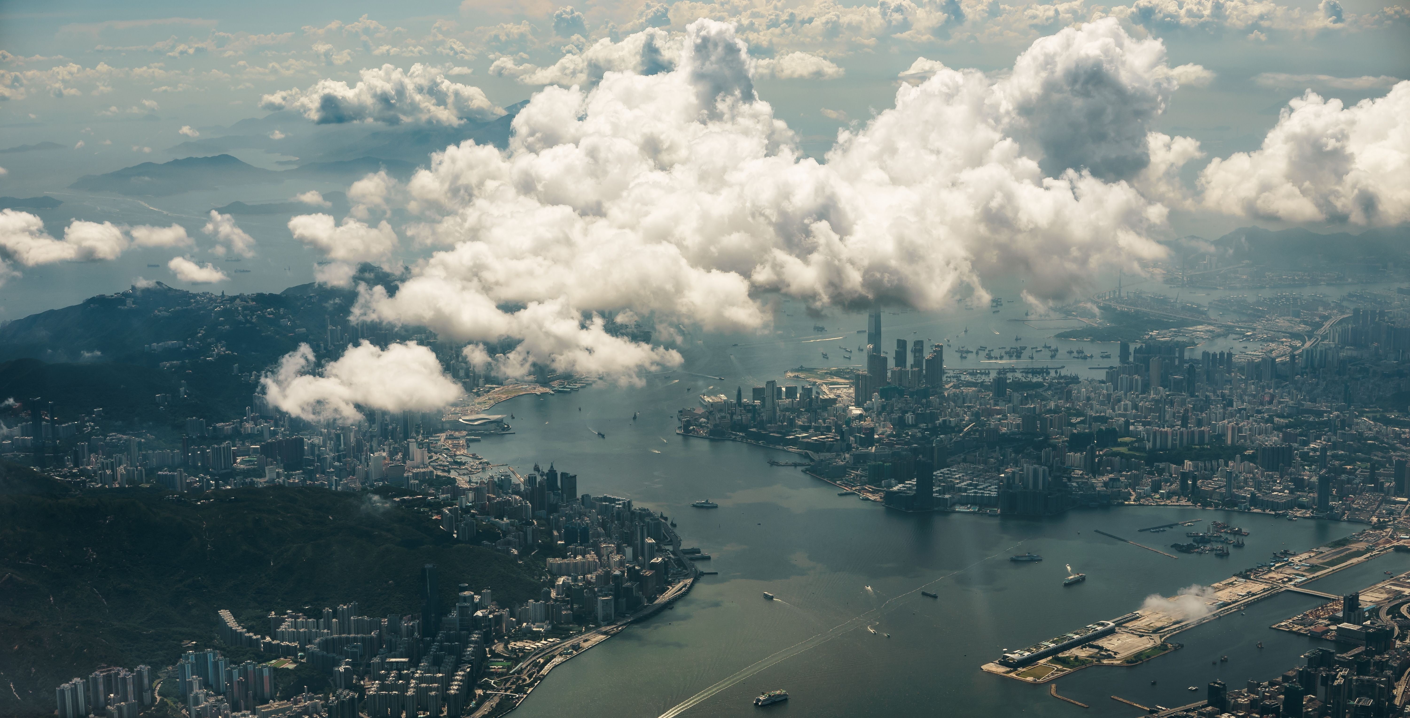 water, building, skyscraper, building exterior, day, 5K, sea, high angle view, nature, air pollution, outdoors, sky, city, built structure, aerial view, HD Wallpaper
