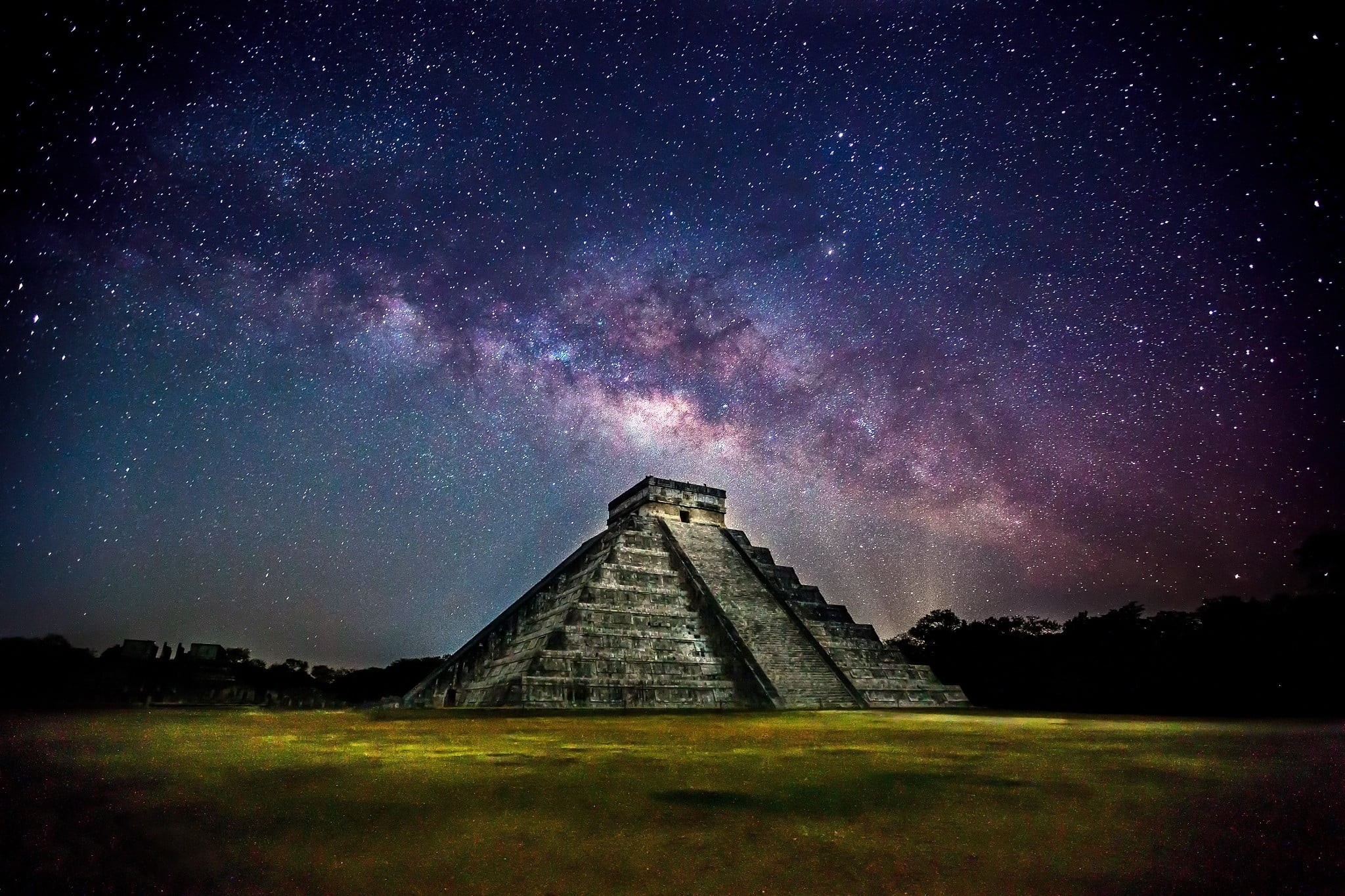 architecture, itza, galaxy, stars, travel, scenics - nature, purple, milky way, ancient civilization, travel destinations, pyramid, astronomy, tourism, HD Wallpaper