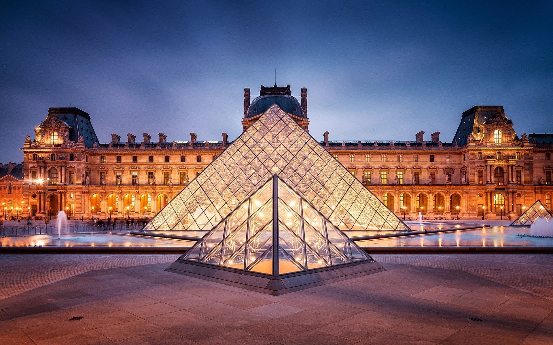 Paris, Lights, Pyramid, glass, Night, clear, France, triangular, Louvre, City, 1080P, frame, HD Wallpaper