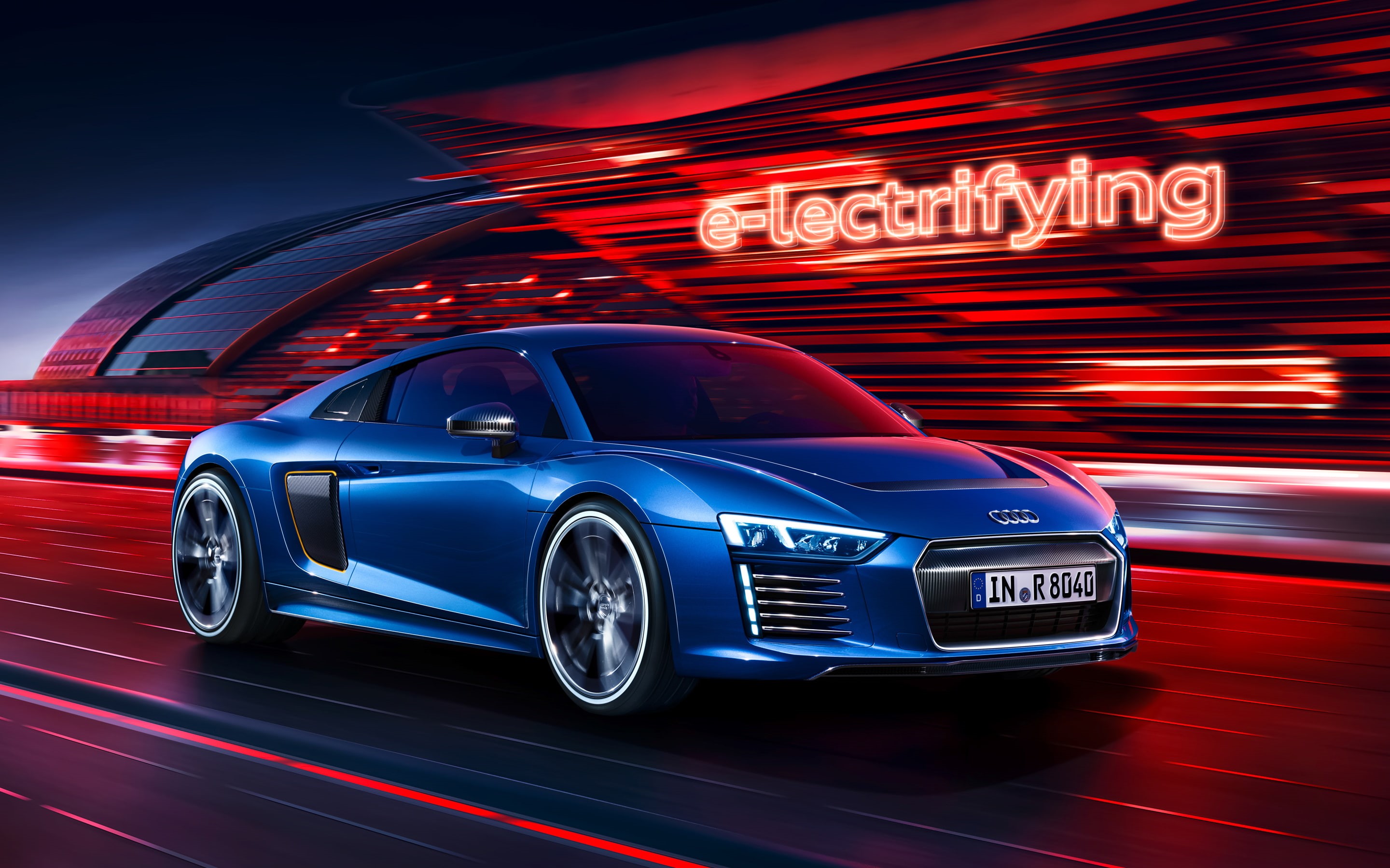 2K, motor vehicle, sign, land vehicle, motion, neon, red, long exposure, e, speed, Tron, shiny, blurred motion, r, Audi, chrome, communication, illuminated, HD Wallpaper