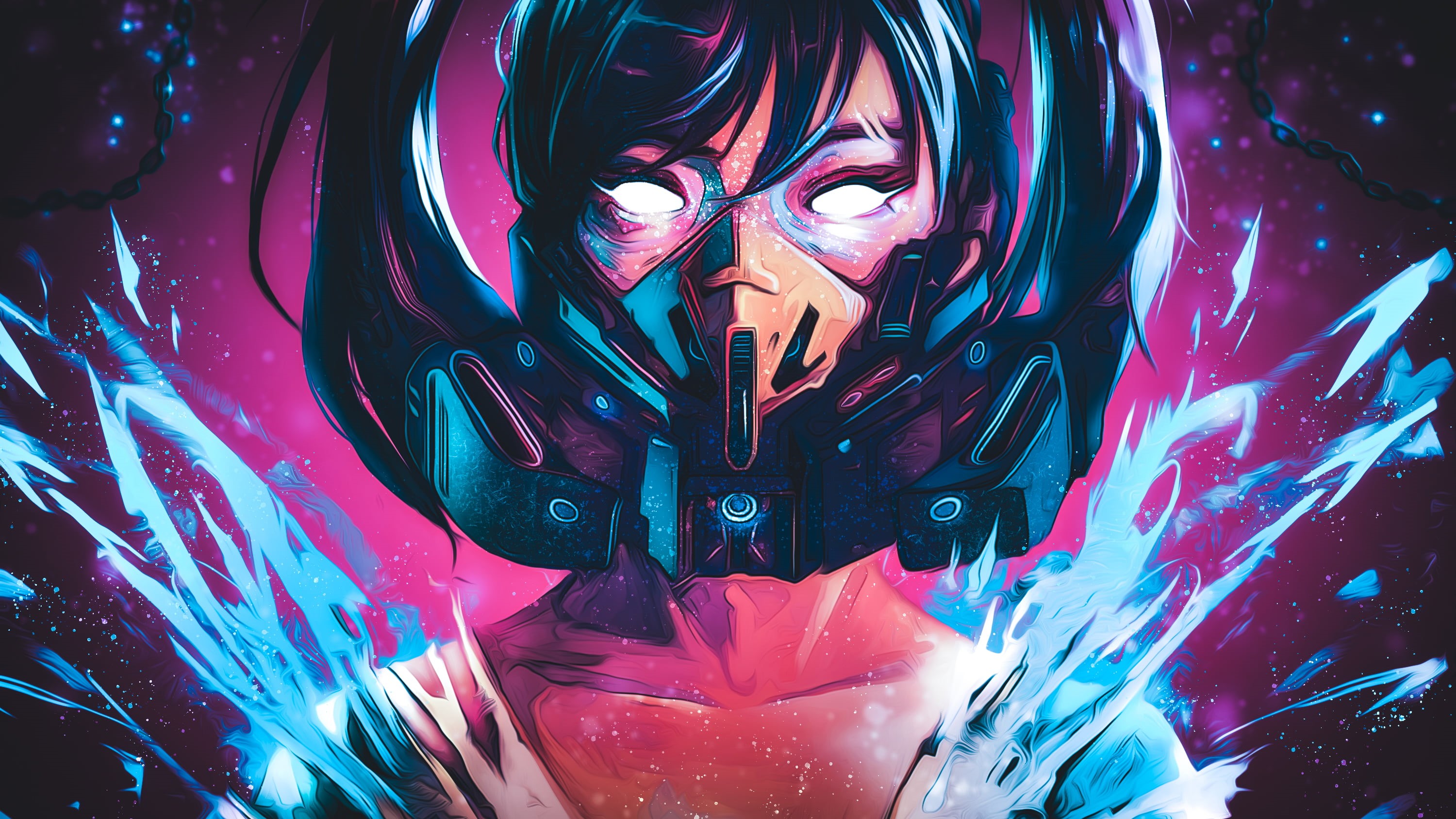 cyberpunk, gas masks, original characters, neon, edit, Rashed AlAkroka, global crisis protocal, colorful, pink, women, redesigned, 2K, artwork, white eyes, HD Wallpaper