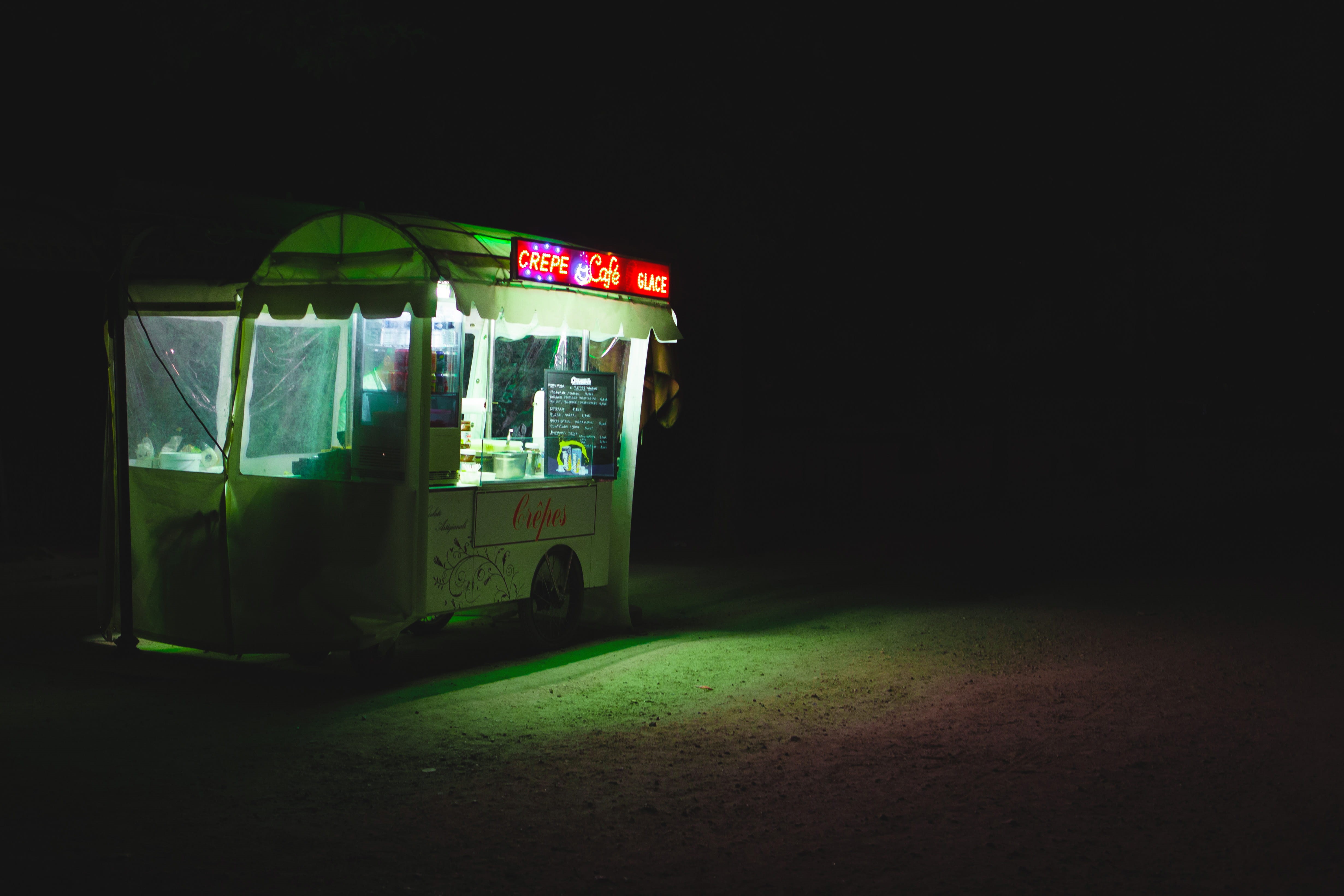 convenience, bus stop, architecture, neon, night, bus, kiosk, communication, vehicle, 4K, shop, van, tire, telephone booth, minibus, inflatable, green color, HD Wallpaper