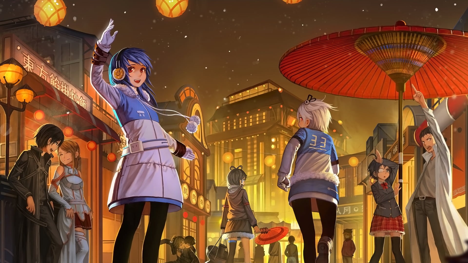 night, Yuuki Asuna, women, haired, architecture, Steins;Gate, group of people, Fate/Stay Night, Neon Genesis Evangelion, crowd, illustration, 1080P, celebration, HD Wallpaper