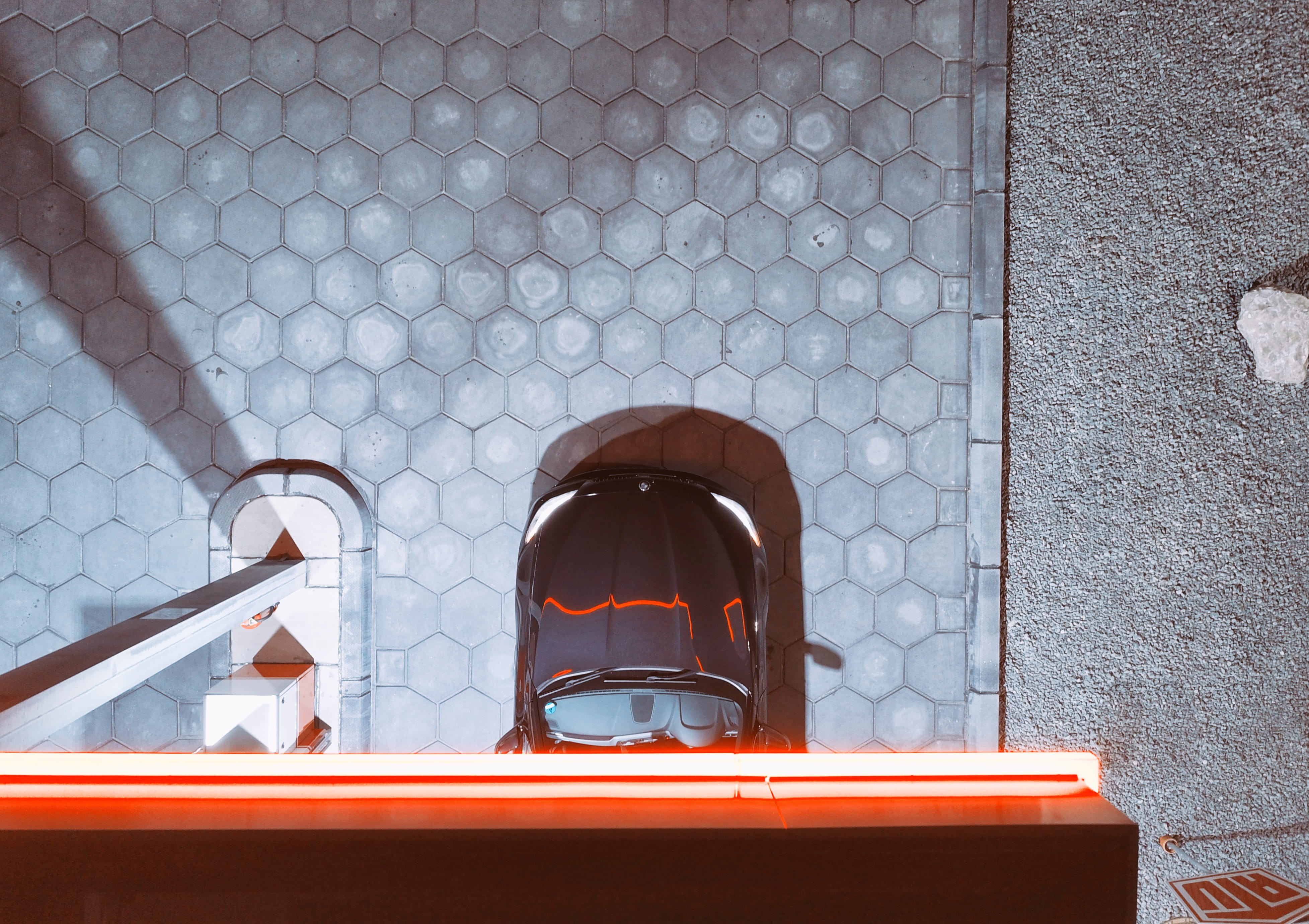 led, red, window, gas, neon, car, dji mavic pro, city, built Structure, black, drone view, light, evening, station, shadow, marc schäfer, outdoors, 4K, HD Wallpaper