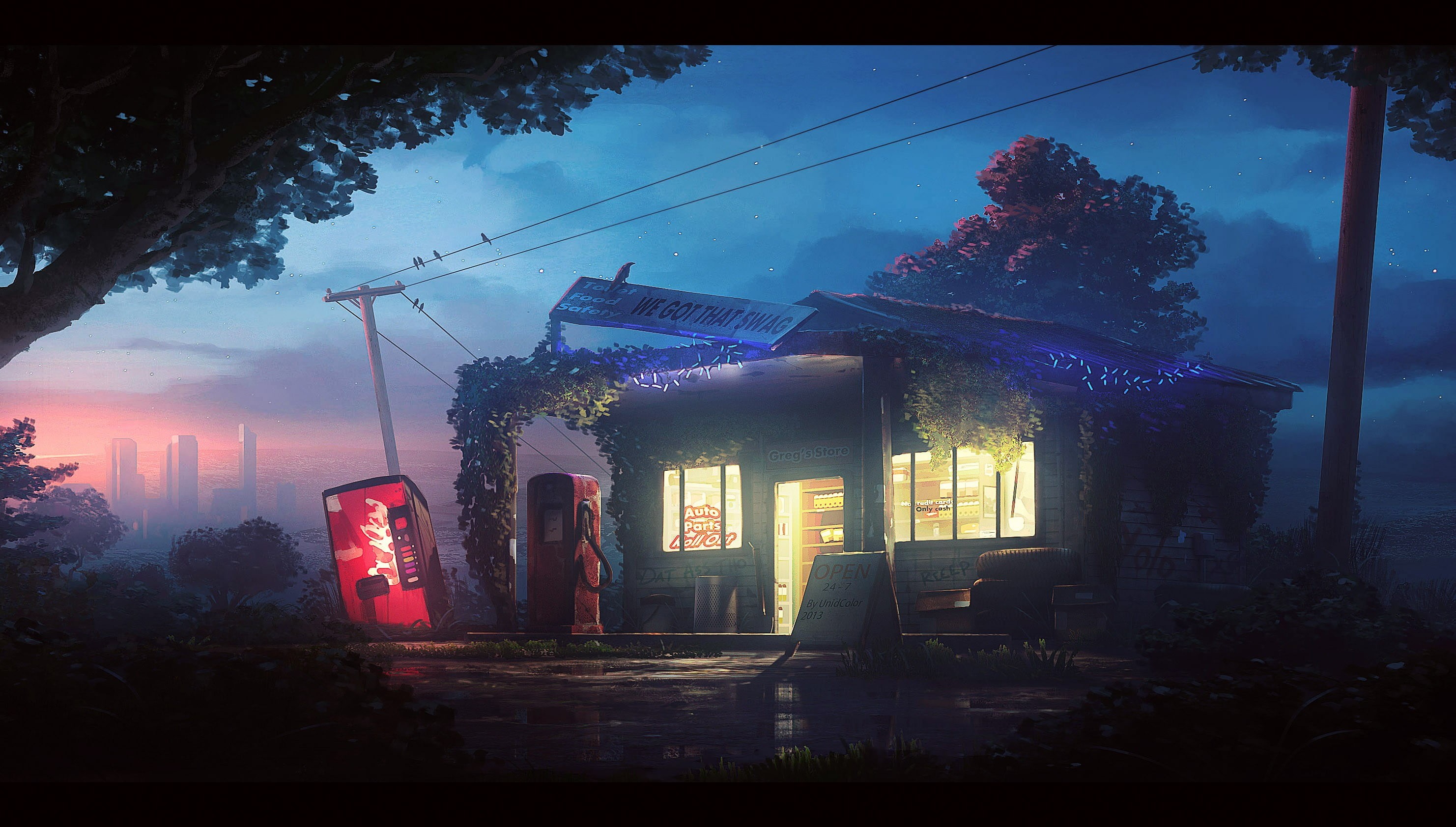 street, artwork, cyan, built structure, plant, anime, electricity, city, house, night, near, gas stations, nature, architecture, dusk, 2K, sky, residential district, HD Wallpaper