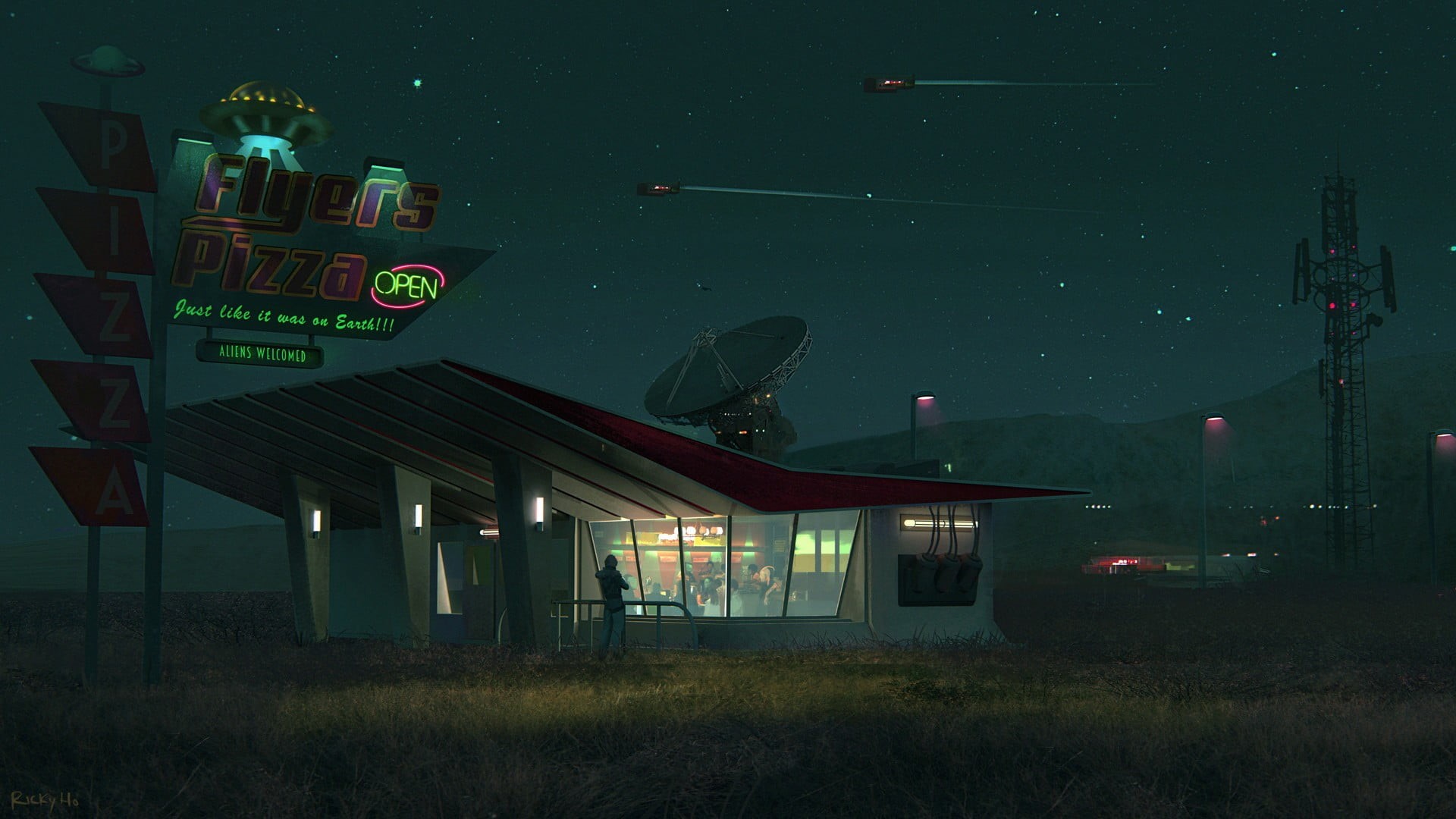 building exterior, neon text, outdoors, house, nature, star - Space, stars, spaceship, astronomy, gas station, plant, signage, digital art, dark, communication, HD Wallpaper