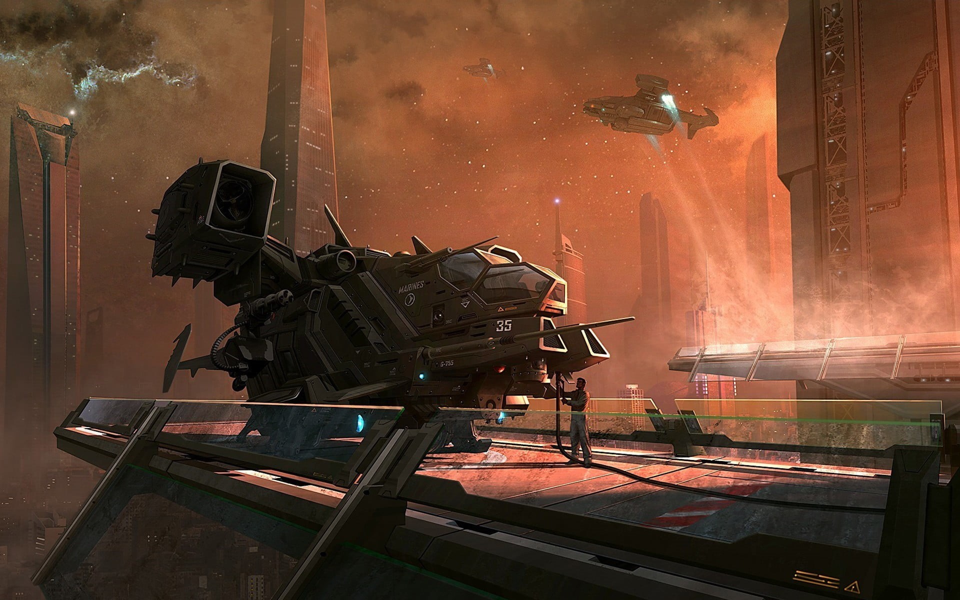 stage, abandoned, spaceship, men, fire, fire - natural phenomenon, architecture, gas stations, futuristic, working, 1080P, indoors, industry, tower, lights, HD Wallpaper