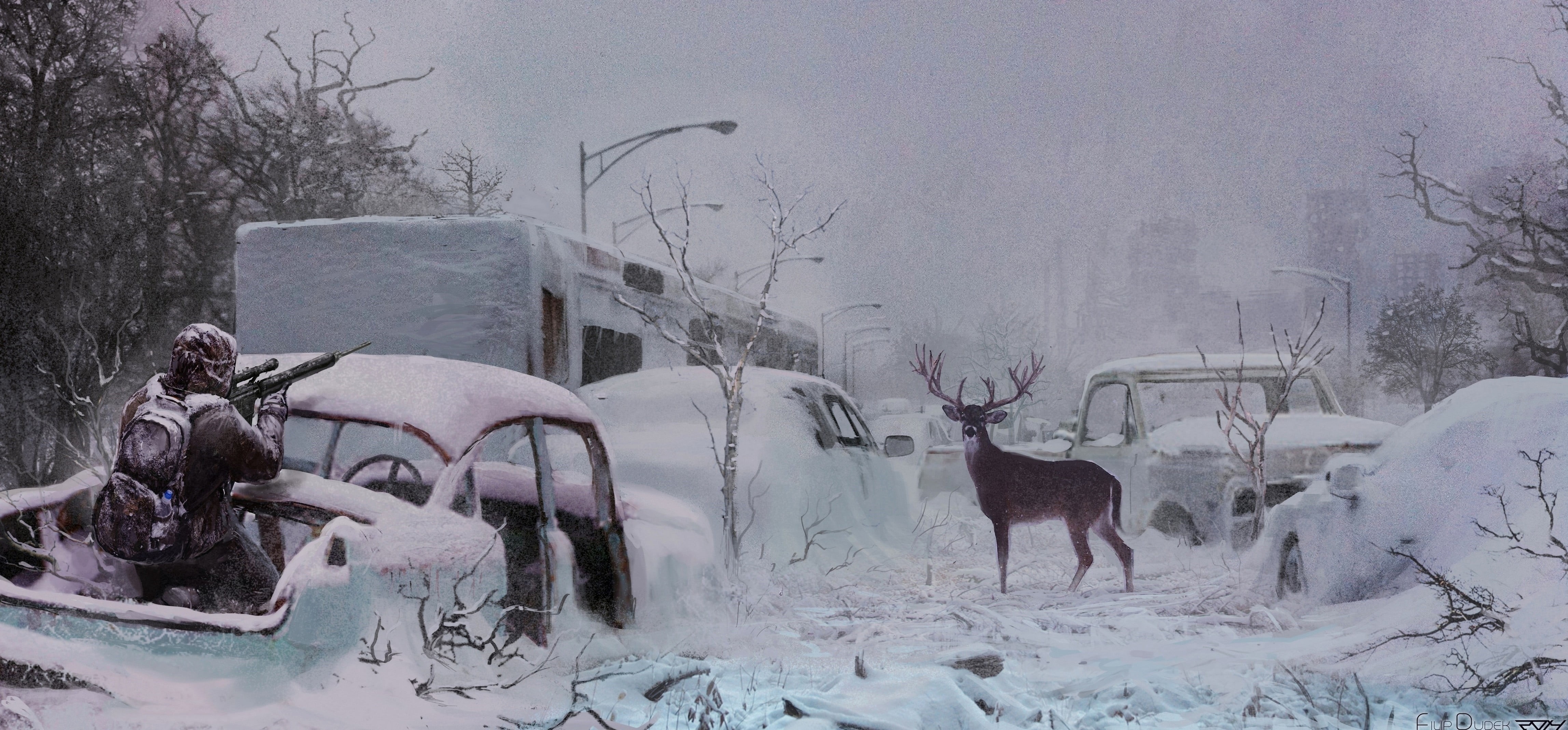 domestic animals, animal wildlife, land, deer, artwork, snowcapped mountain, apocalyptic, mammal, day, winter, animal, buck, surrounded, field, extreme weather, HD Wallpaper