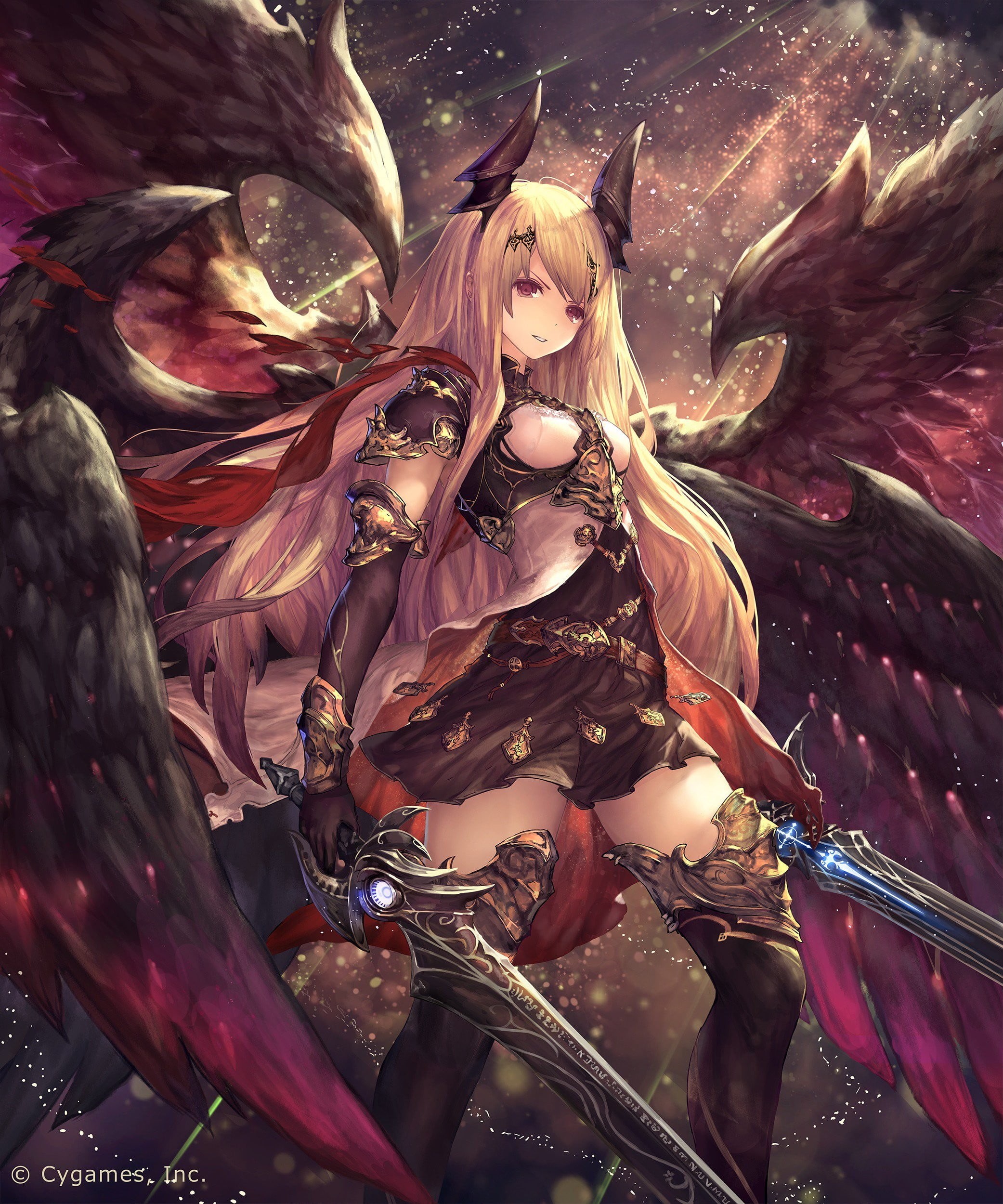 Shingeki no Bahamut, leisure activity, no people, dress, blonde, anime girls, mask, craft, multi colored, lifestyles, wings, long hair, monster, horns, Phone HD Wallpaper