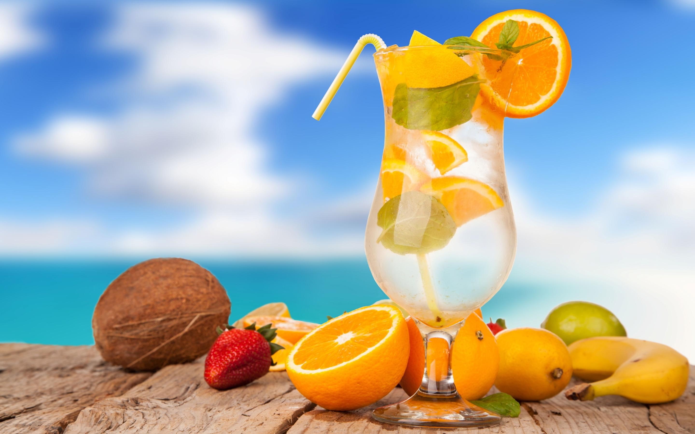 fruits, banana, coconut, lemon, orange, cocktail, 2K, HD Wallpaper