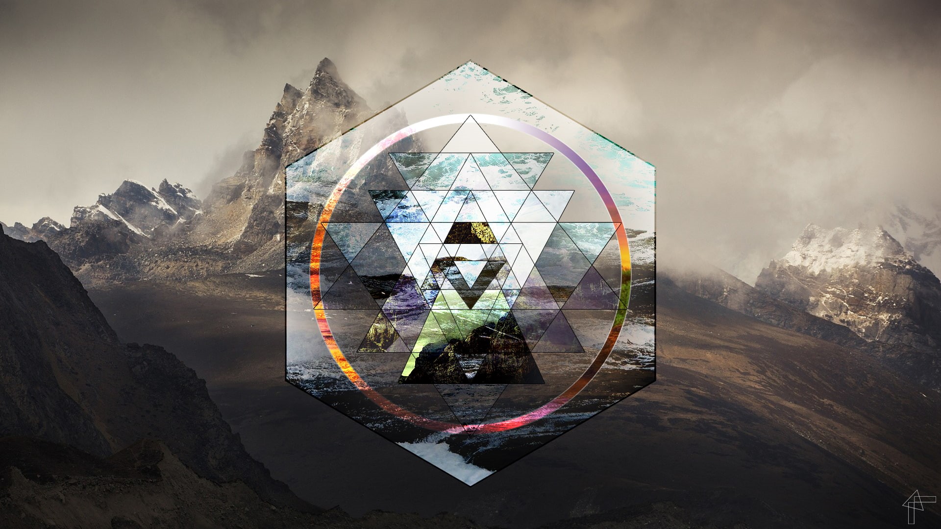 sri yantra, mountains, low poly, cityscape, digital art, 1080P, triangle, hexagon, landscape, HD Wallpaper