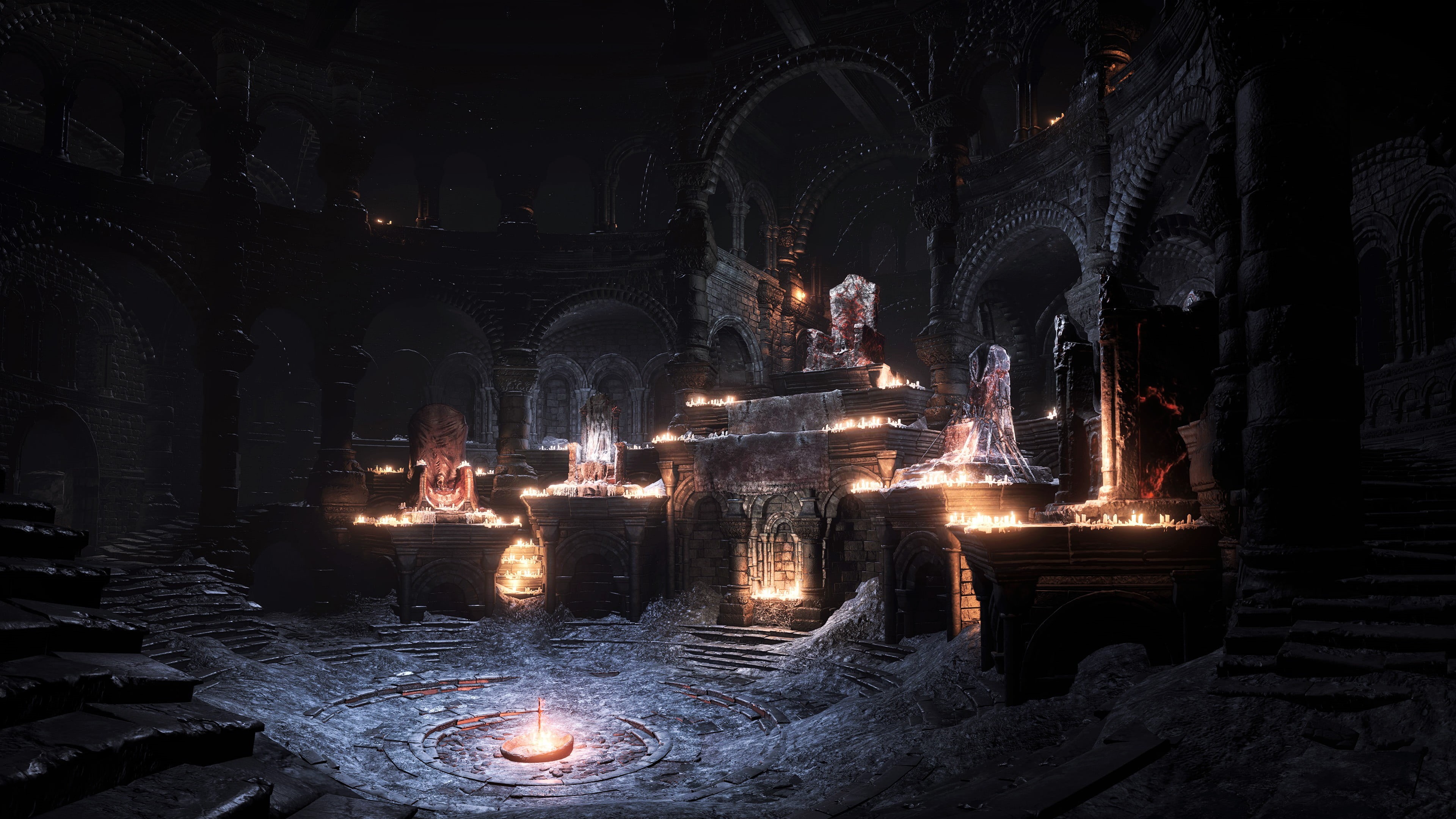 belief, fire, motion, religion, Dark Souls III, place of worship, arch, dark, illustration, built structure, 4K, night, spirituality, falls, concrete, HD Wallpaper