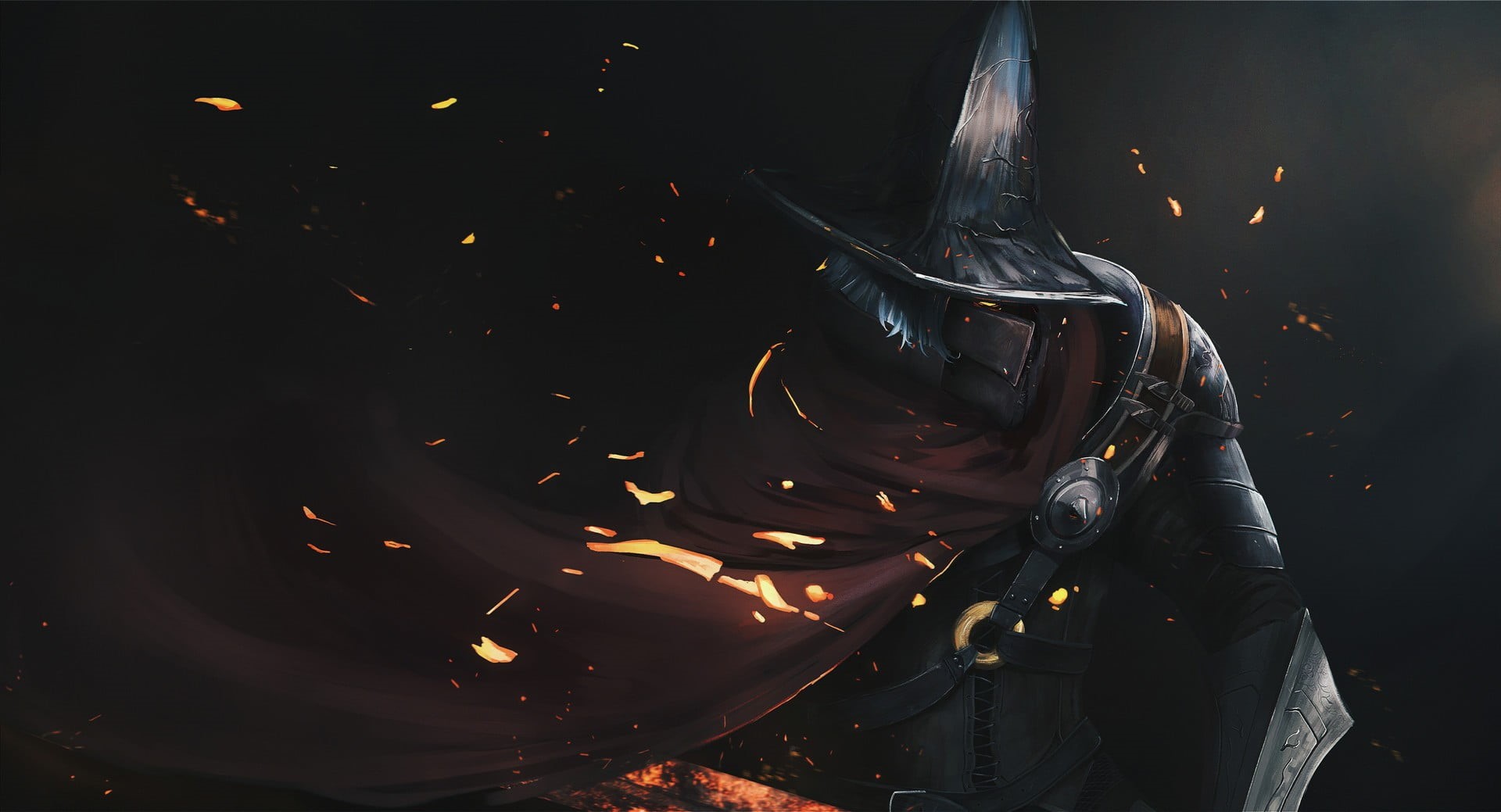 clothing, outdoors, dark, lifestyles, black, front view, jacket, character, nature, hat, night, burning, 1080P, women, magic, heat - temperature, Dark Souls III, HD Wallpaper