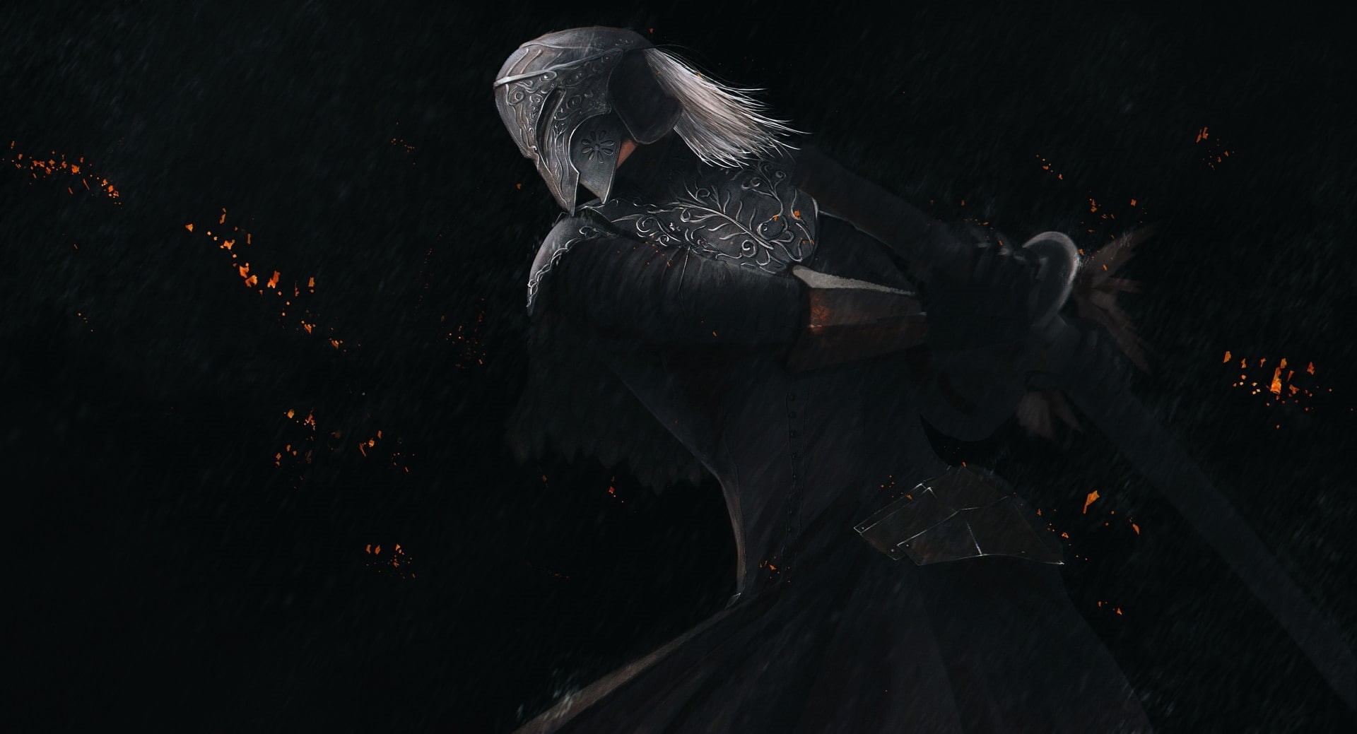 clothing, Yuria of Londor, rear view, outdoors, one person, armor, adult, motion, illuminated, celebration, real people, dark, night, sword, 1080P, warrior, HD Wallpaper