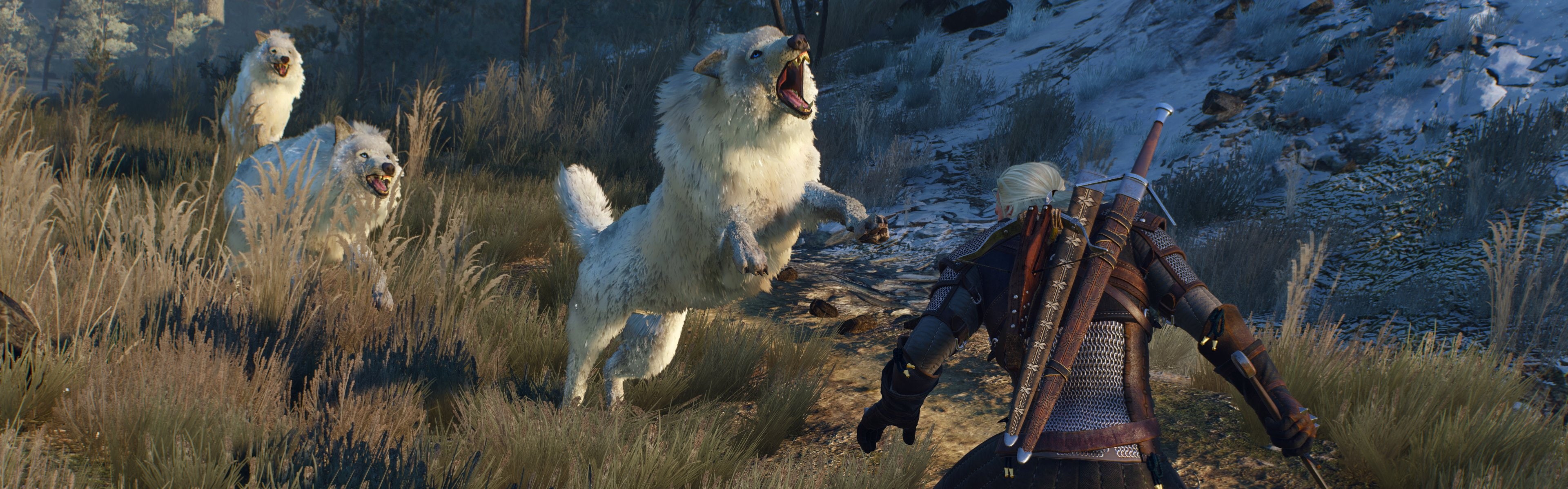 Dark, poster, Fighting, multi, warrior, wild, 4K, fantasy, Witcher, Hunt, action, 3840x1200 px, dual, HD Wallpaper