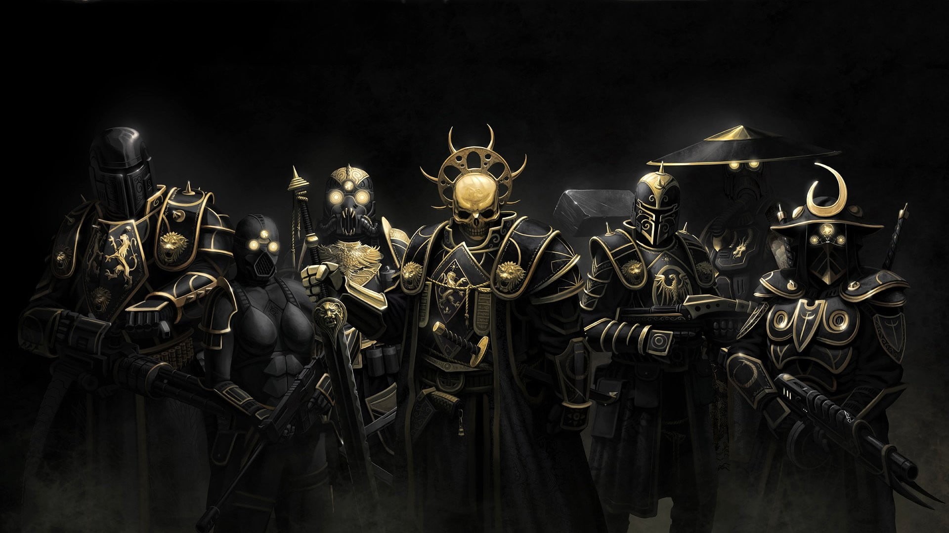 gun, violence, black background, representation, samurai, 1080P, modern, night, black color, protection, no people, large group of objects, warrior, E.Y.E: Divine Cybermancy, HD Wallpaper