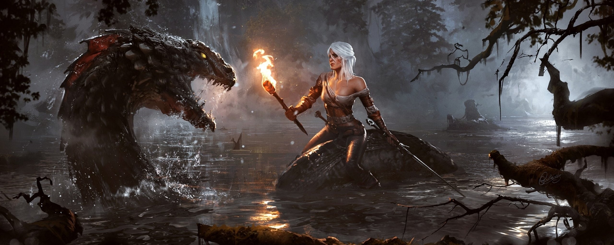 Fighting, Dark, action, 3, dual, fantasy, multi, 2K, warrior, Hunt, poster, Witcher, wild, HD Wallpaper