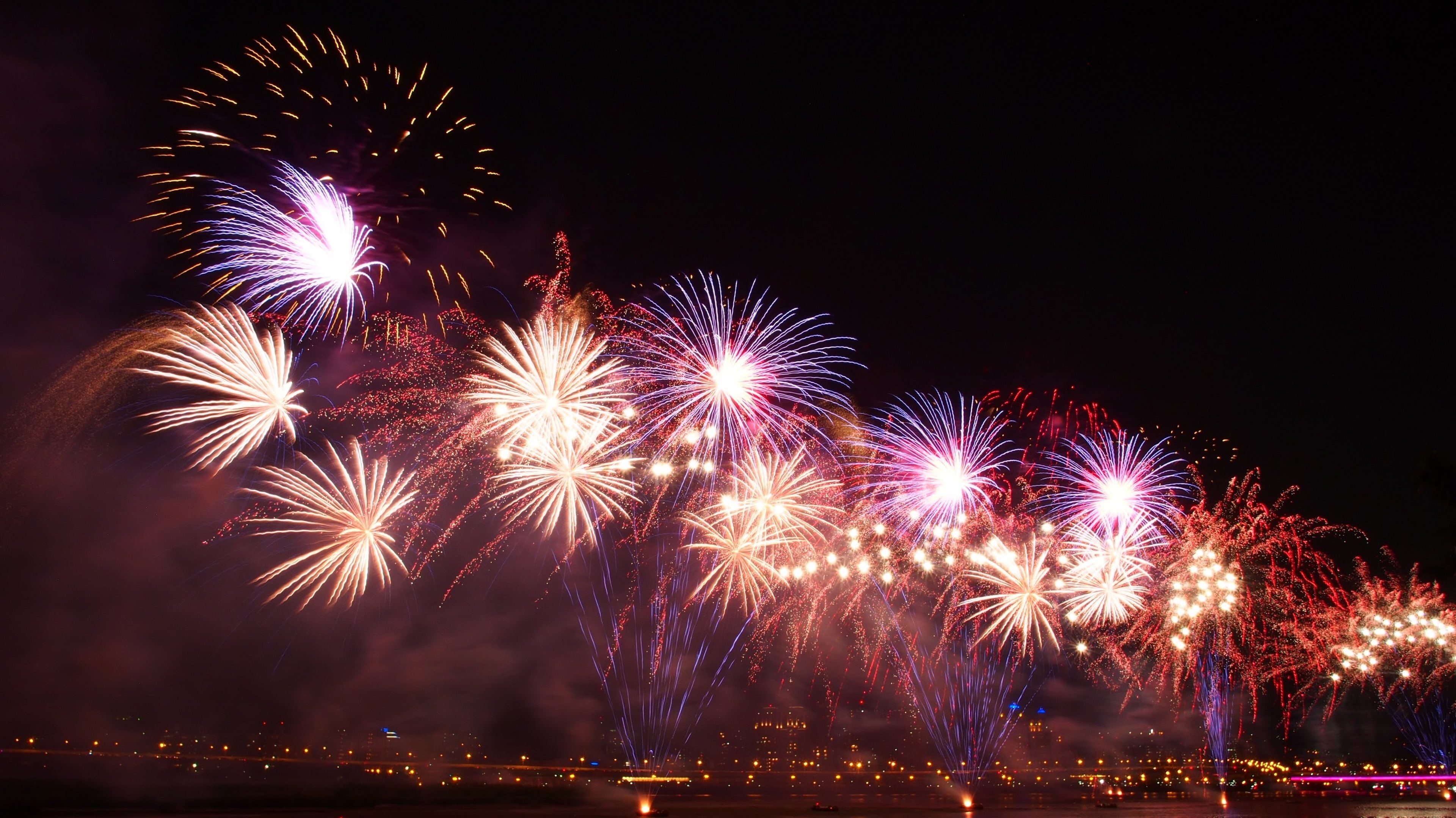 multi colored, bright, happy, color, motion, fireworks, star, fun, no people, explosive, chinese new year, display, reflection, eve, 4K, art, explosion, HD Wallpaper