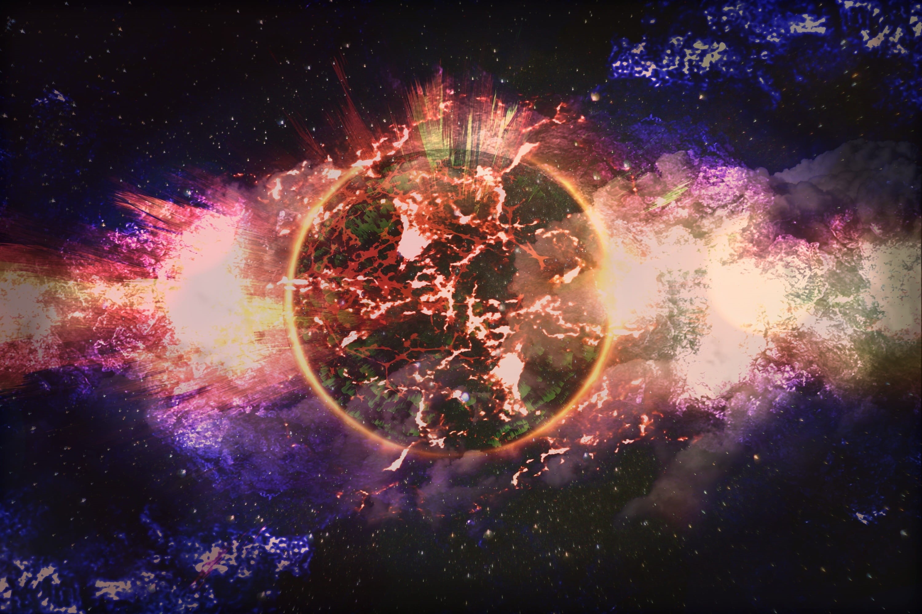 galaxy, star - space, lights, space travel, sky, night, star, multi colored, explosion, 2K, fireball, astronautics, cosmos, fire, circle, background, outdoors, HD Wallpaper