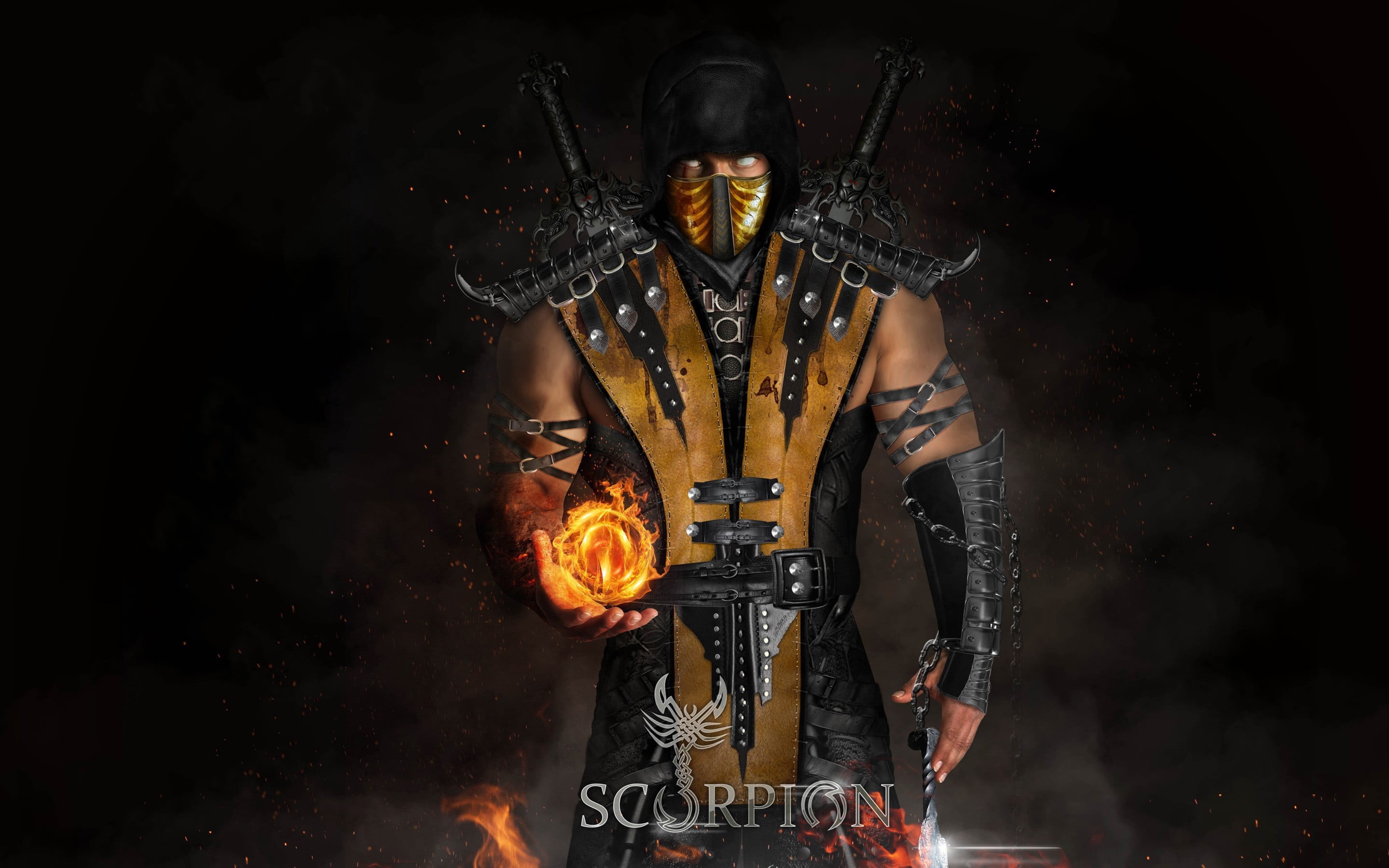 one person, heat - temperature, studio shot, indoors, front view, fire, video games, men, Mortal Kombat, mortal, burning, black background, digital composite, HD Wallpaper