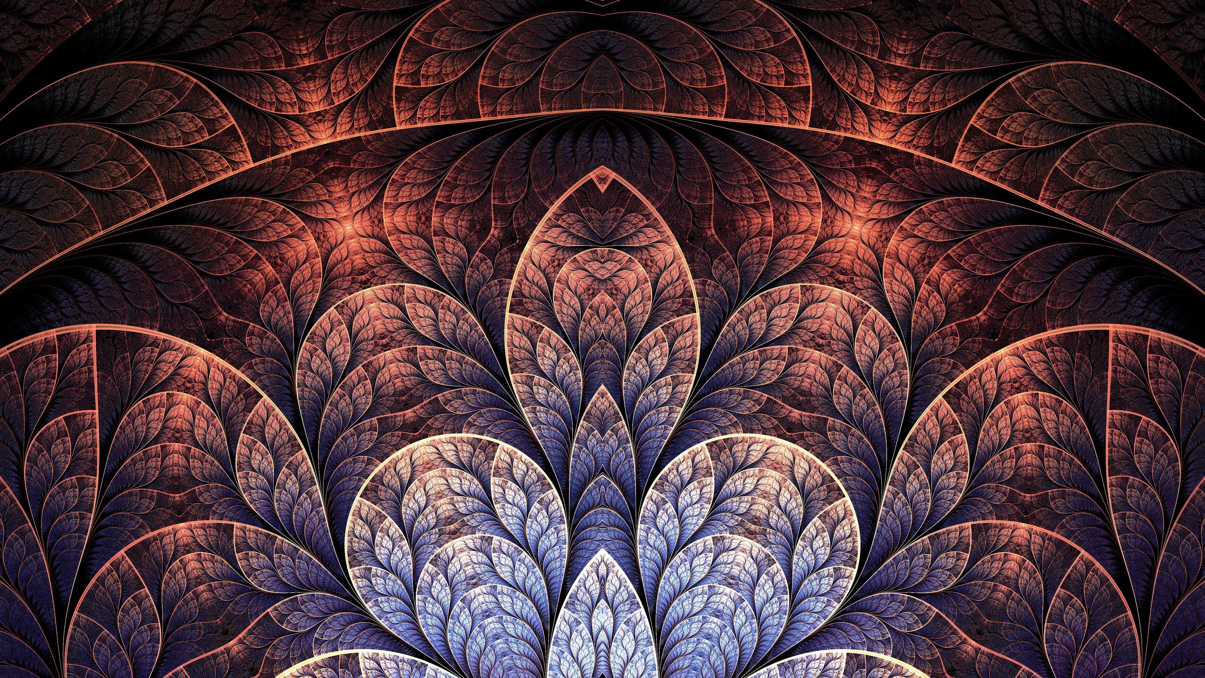 leaf, mandala, fractal, leaves, painting, abstract, 4K, 3840x2160, HD Wallpaper