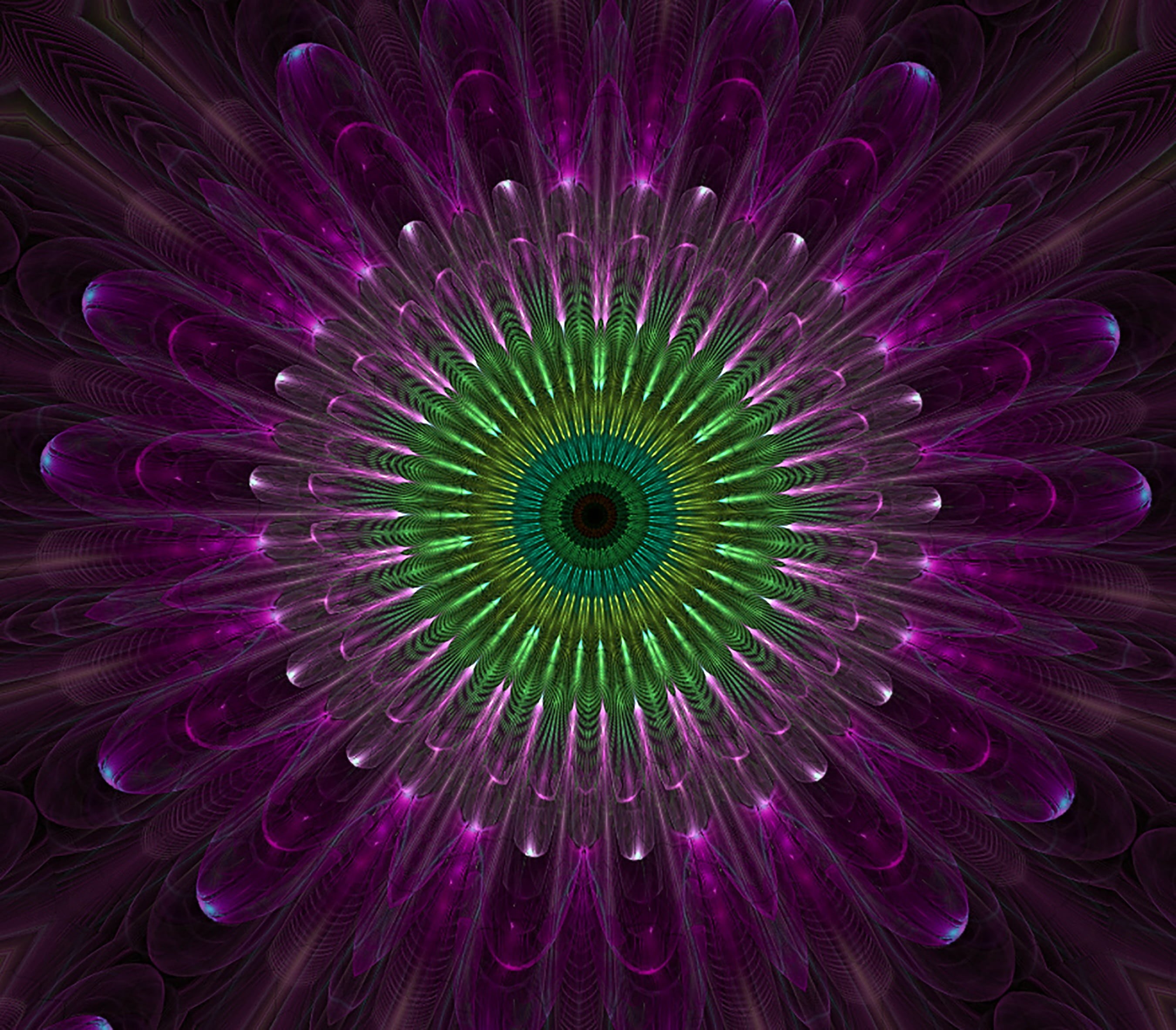 fractal, abstract, technology, mandala, multi colored, no people, green, full frame, indoors, night, 2K, exploding, space, shape, purple, digital, vibrant color, HD Wallpaper