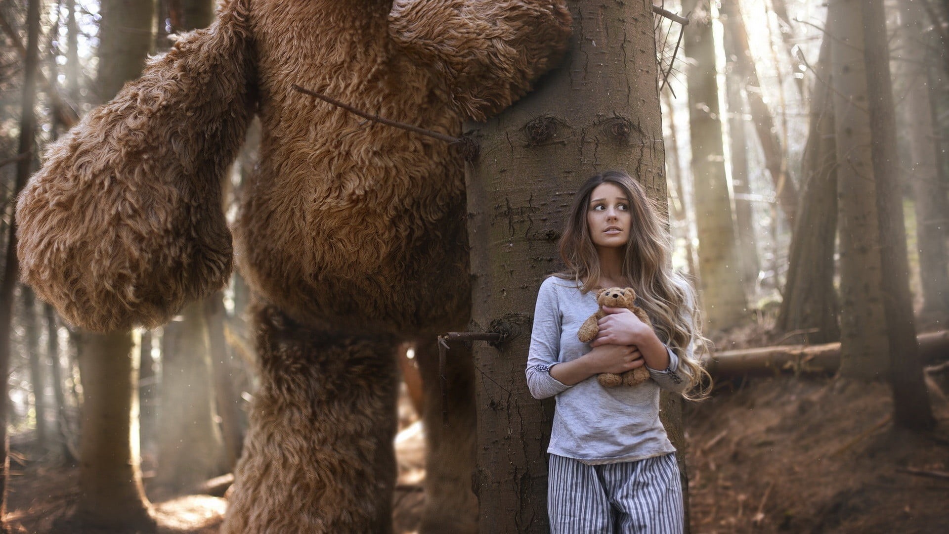 photo manipulation, 1080P, tree, standing, three quarter length, toy, women, young women, long hair, front view, young adult, plush, hairstyle, bear, lifestyles, HD Wallpaper
