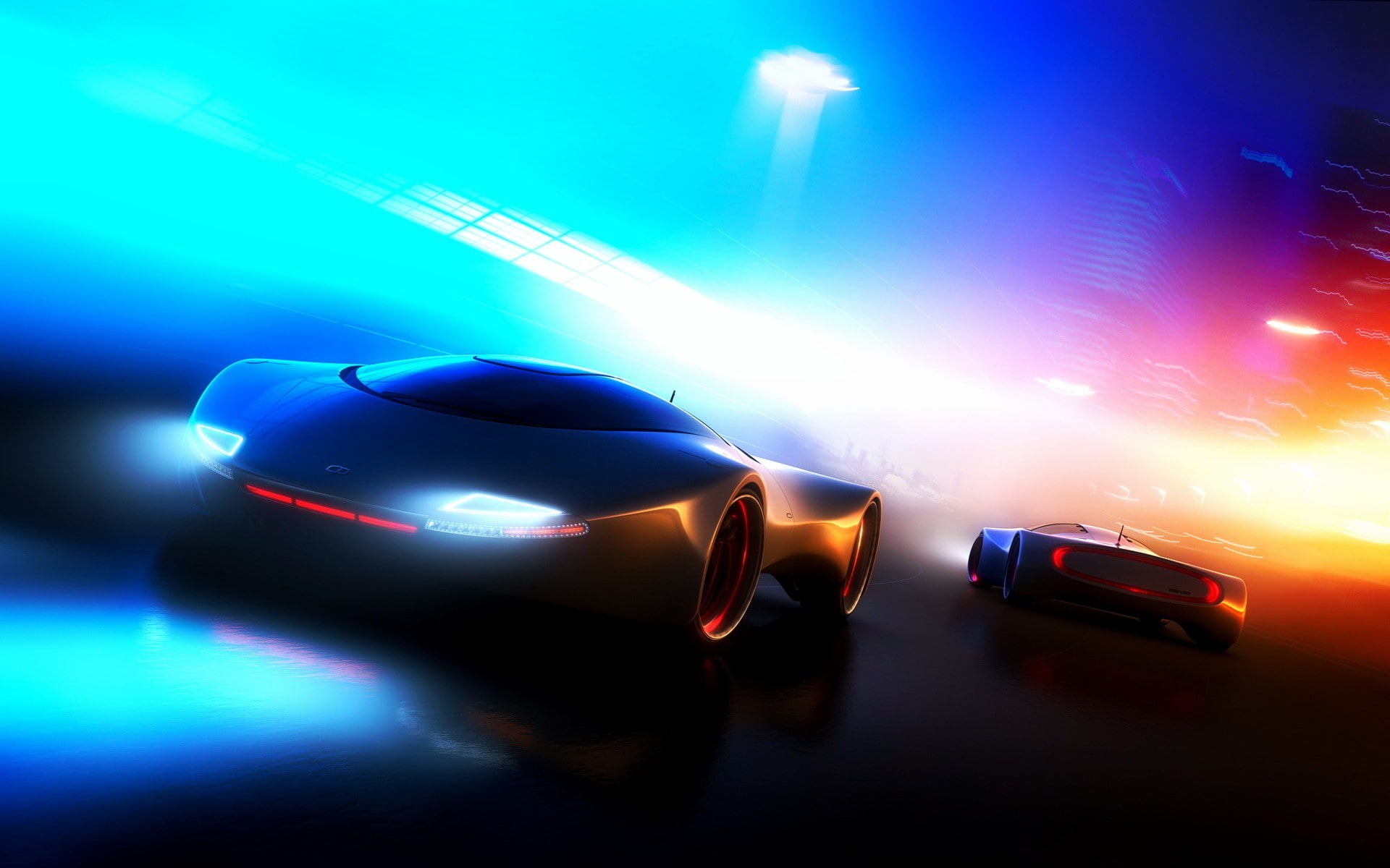cyan, futuristic, car, 1080P, glowing, multi colored, speed, imagination, mode of transportation, transportation, motor vehicle, night, light - natural phenomenon, HD Wallpaper