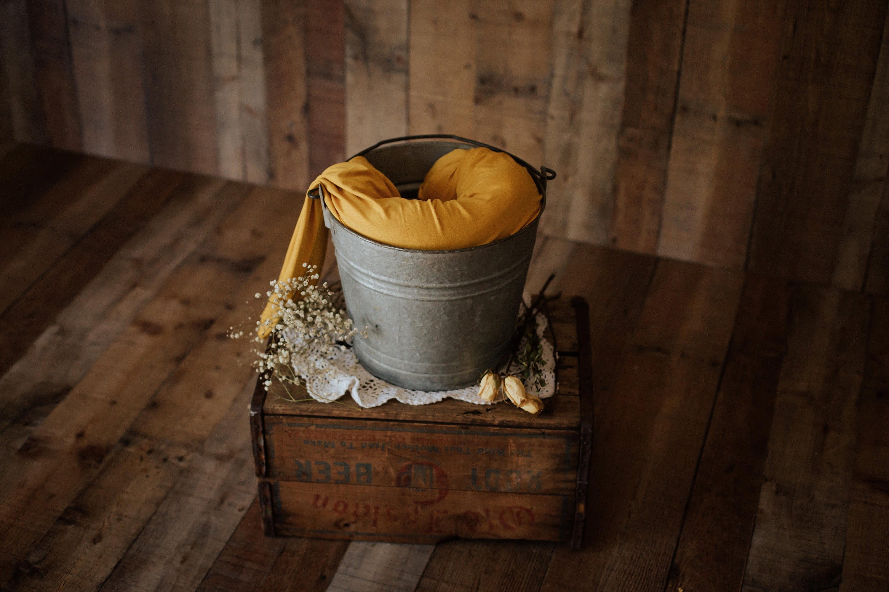 antique, yellow, bucket, food, container, wood, wood - material, fruit, indoors, freshness, backdrop, newborn, food and drink, 2K, still life, box, flower, HD Wallpaper