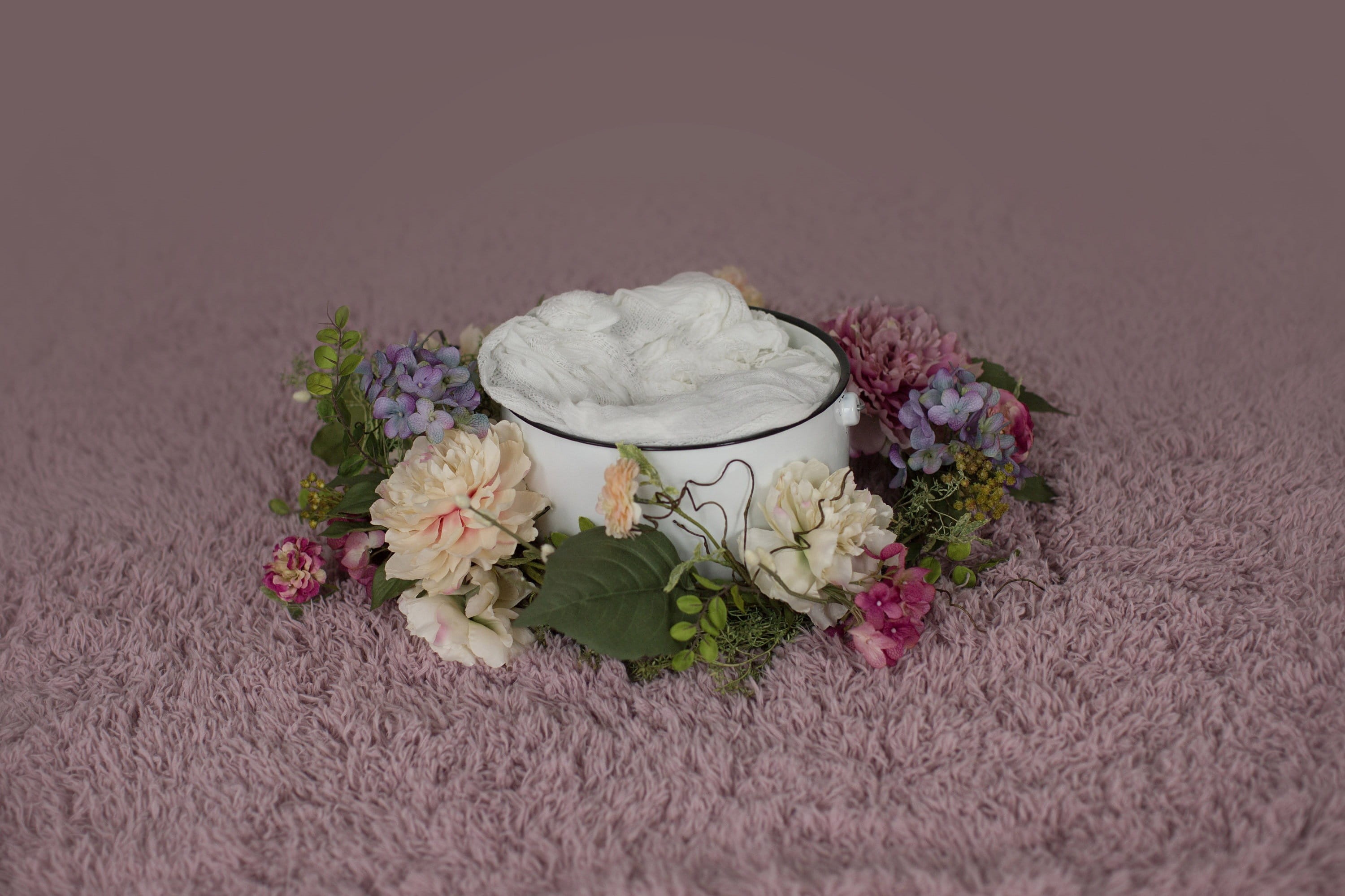 flower arrangement, table, flowering plant, purple, bucket, backdrop, pink, freshness, flowers, nature, flower, petal, garden, selective focus, plant, still life, HD Wallpaper