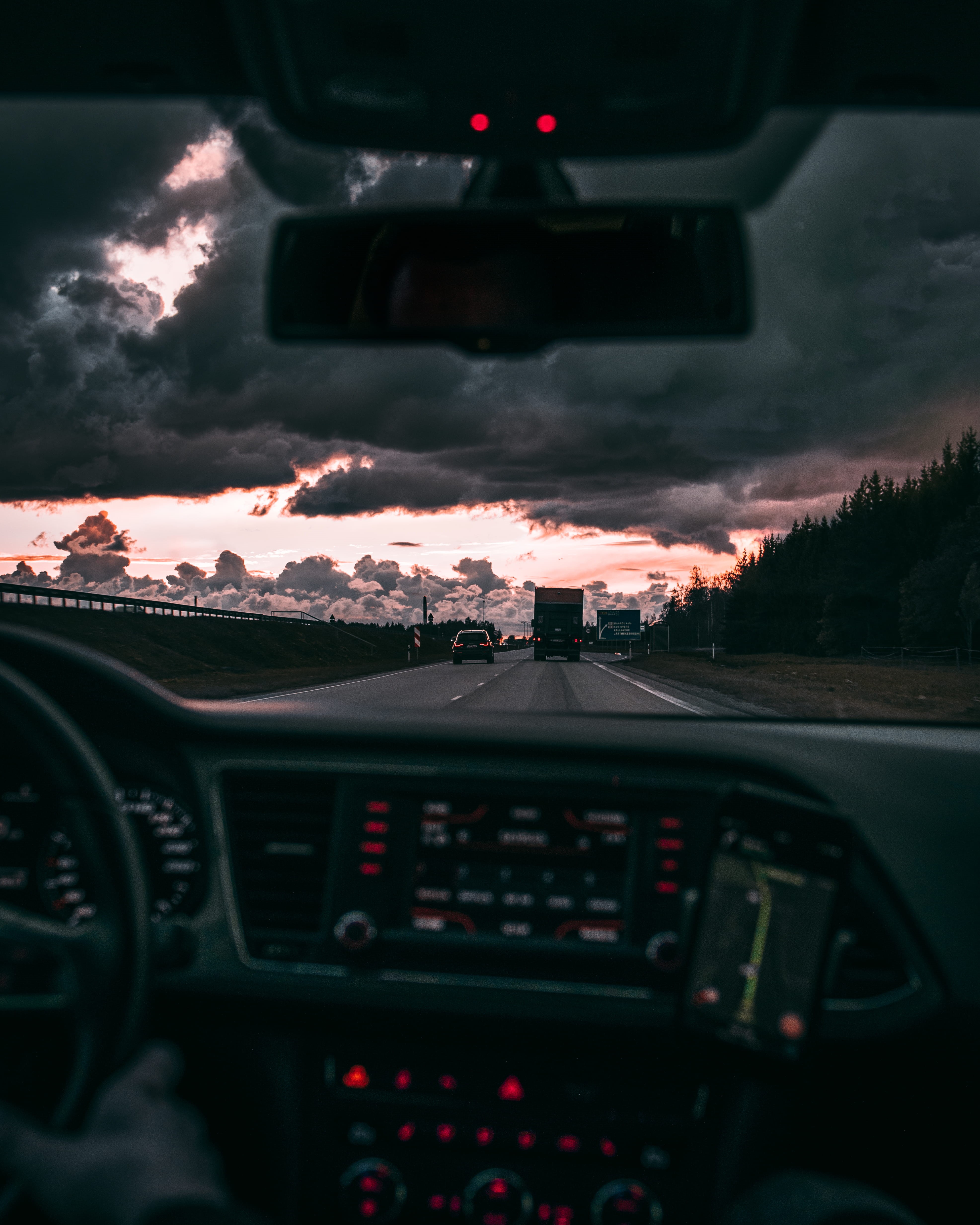 cloudscape, driving, no People, hell, highway, dramatic, speed, cloud - Sky, land Vehicle, dashboard, car, night, roadtrip, mode of Transport, mirror, radio, Phone HD Wallpaper