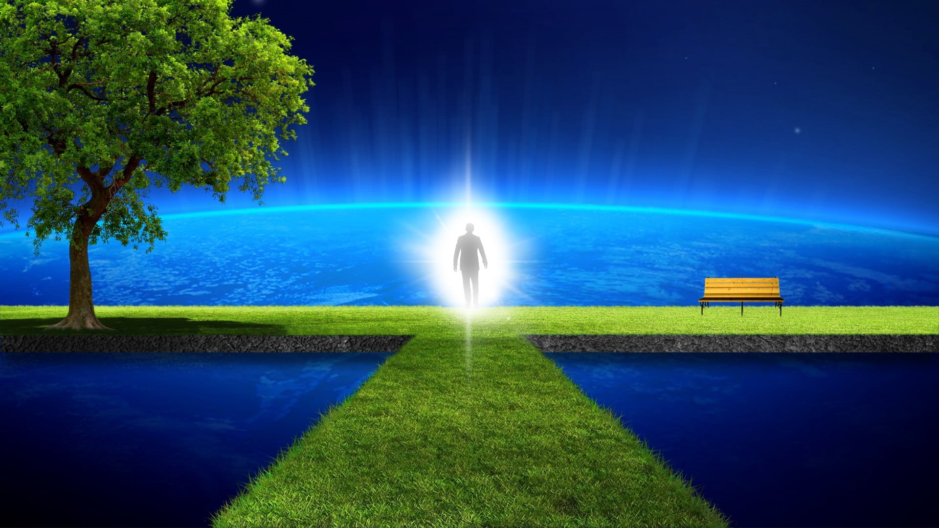 scenics - nature, beauty in nature, standing, light beam, silhouette, water, grass, Heaven and Hell, land, nature, sky, idyllic, outdoors, illuminated, HD Wallpaper