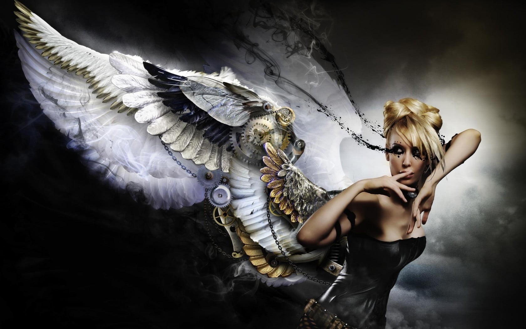 adult, studio shot, blond hair, fairy, females, 720P, one person, beauty, angel, fashion, fashion model, wings, beautiful woman, hair, black background, HD Wallpaper