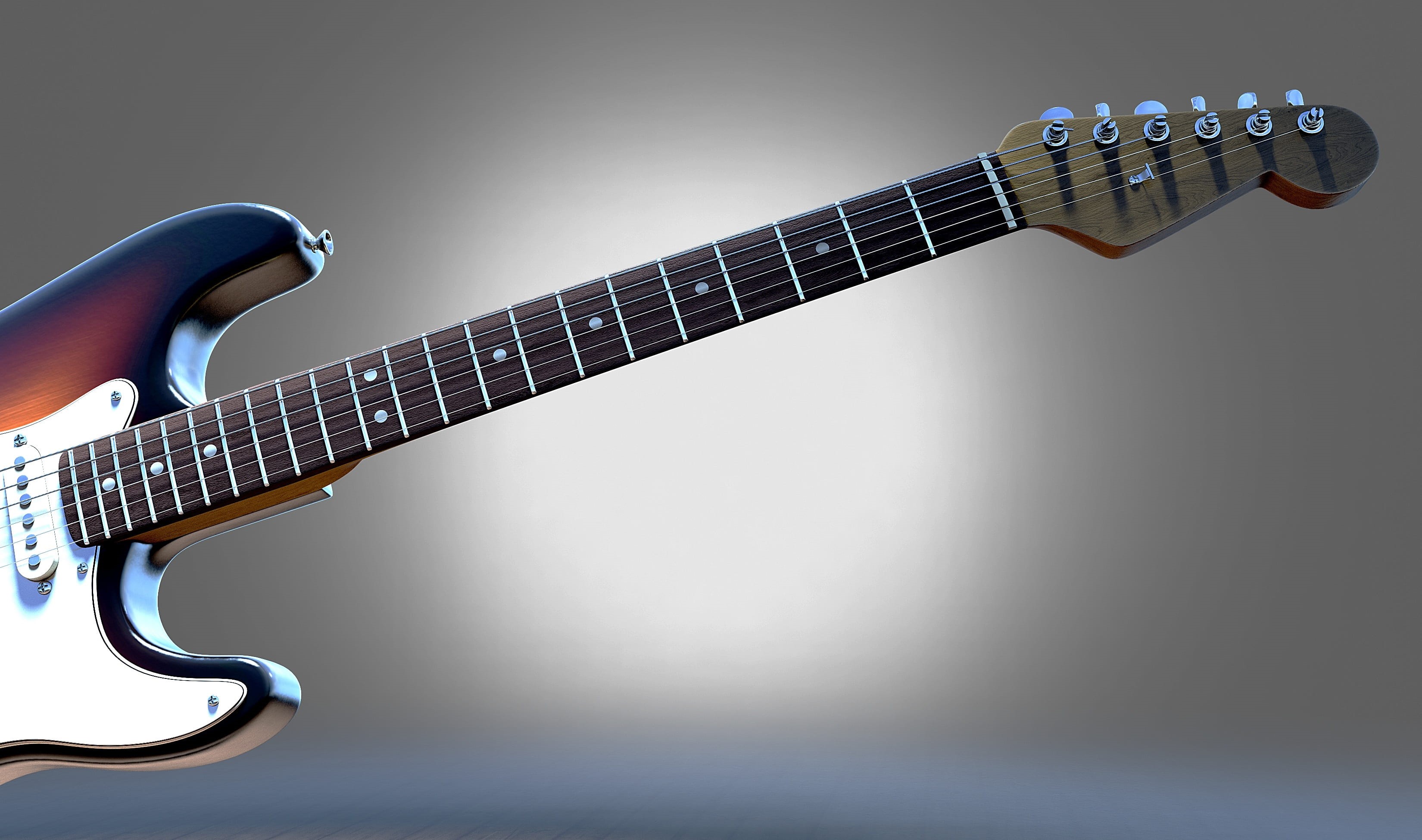 cut out, stringed instrument, studio shot, music, single object, london city, rock, string, 3d model, rock guitar, black background, brown, string instrument, HD Wallpaper