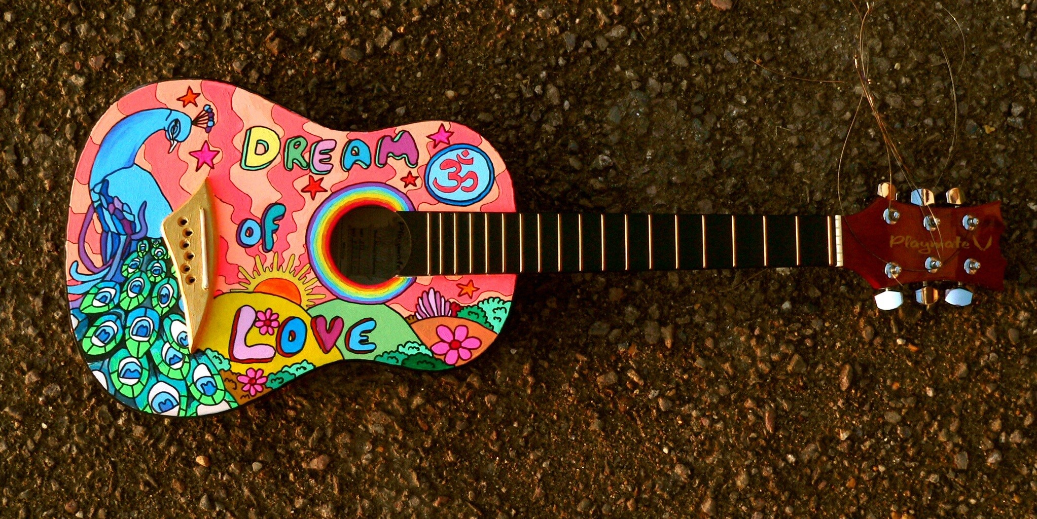 still life, multicolored, festival, peace, vintage, string instrument, art and craft, painted guitar, directly above, play, 1080P, indoors, high angle view, HD Wallpaper