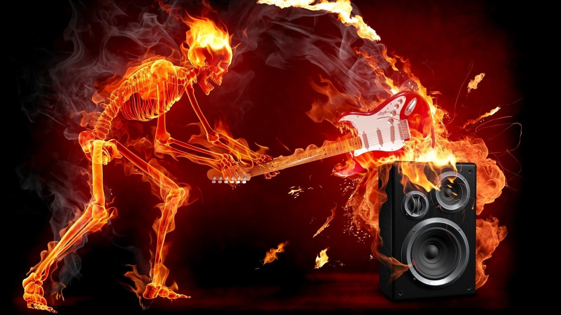 hd, Music, skeletons, smash, guitars, entertainment, 1080P, x, art, Fire, speakers, HD Wallpaper