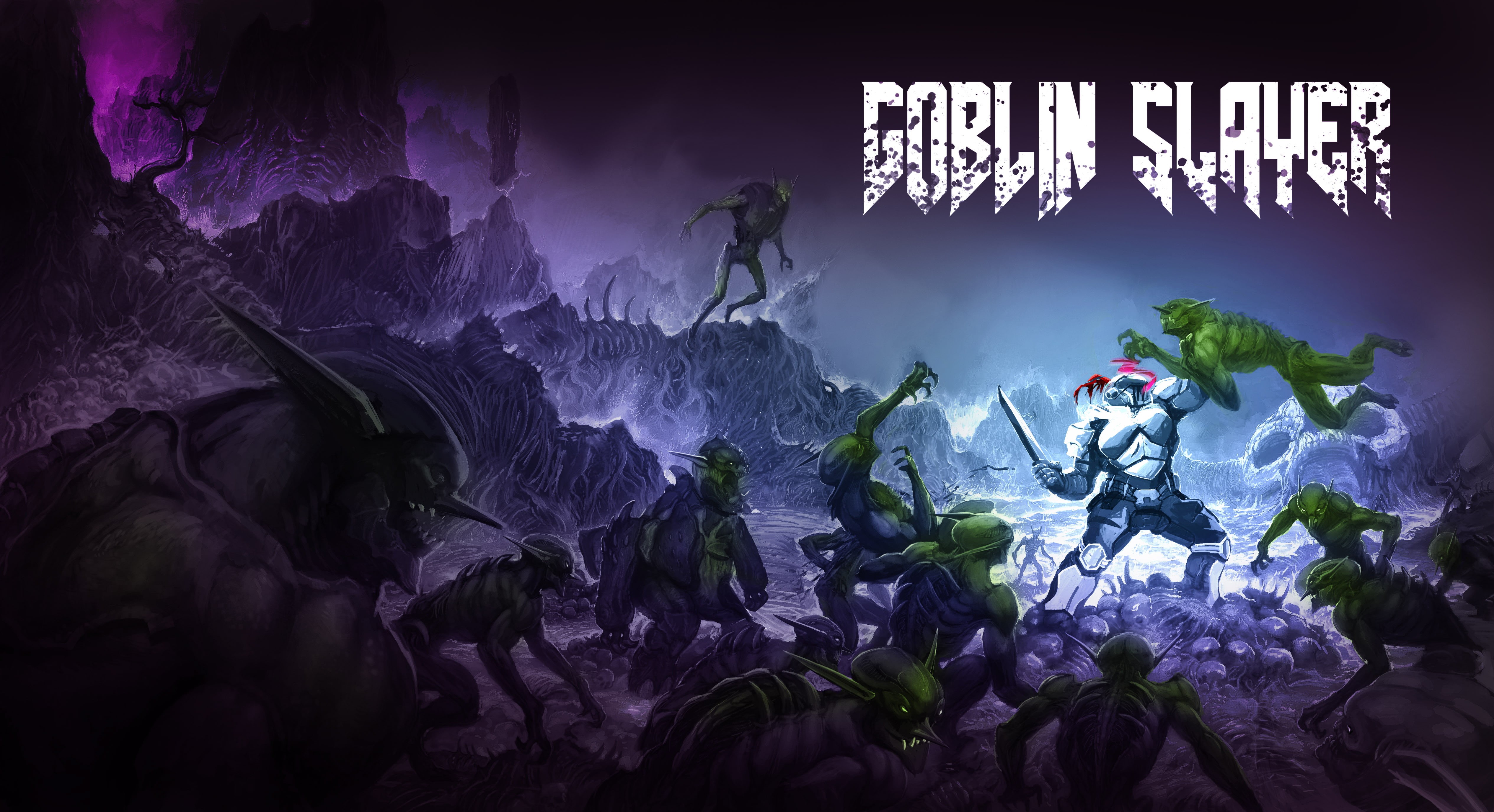 fantasy weapon, Doom (2016), 2D, Doom slayer, video game art, Doom (game), goblin, 4K, parody, digital art, Goblin Slayer, fantasy armor, crossover, fan, HD Wallpaper